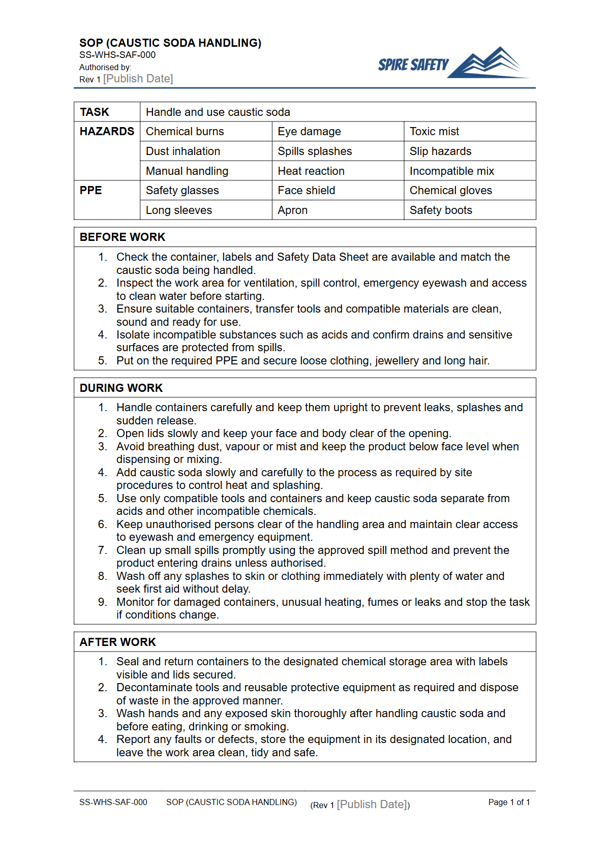 Free Safe Operating Procedure (Caustic Soda Handling) Template — document preview