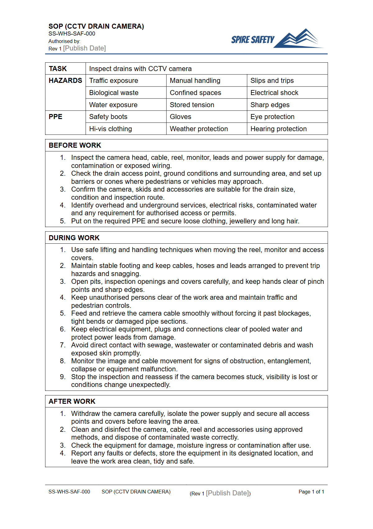 Free Safe Operating Procedure (CCTV Drain Camera) Template — document preview