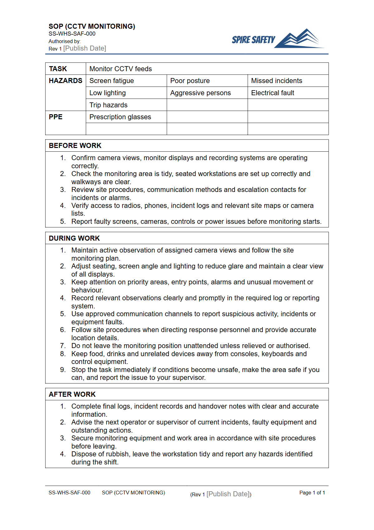 Free Safe Operating Procedure (CCTV Monitoring) Template — document preview