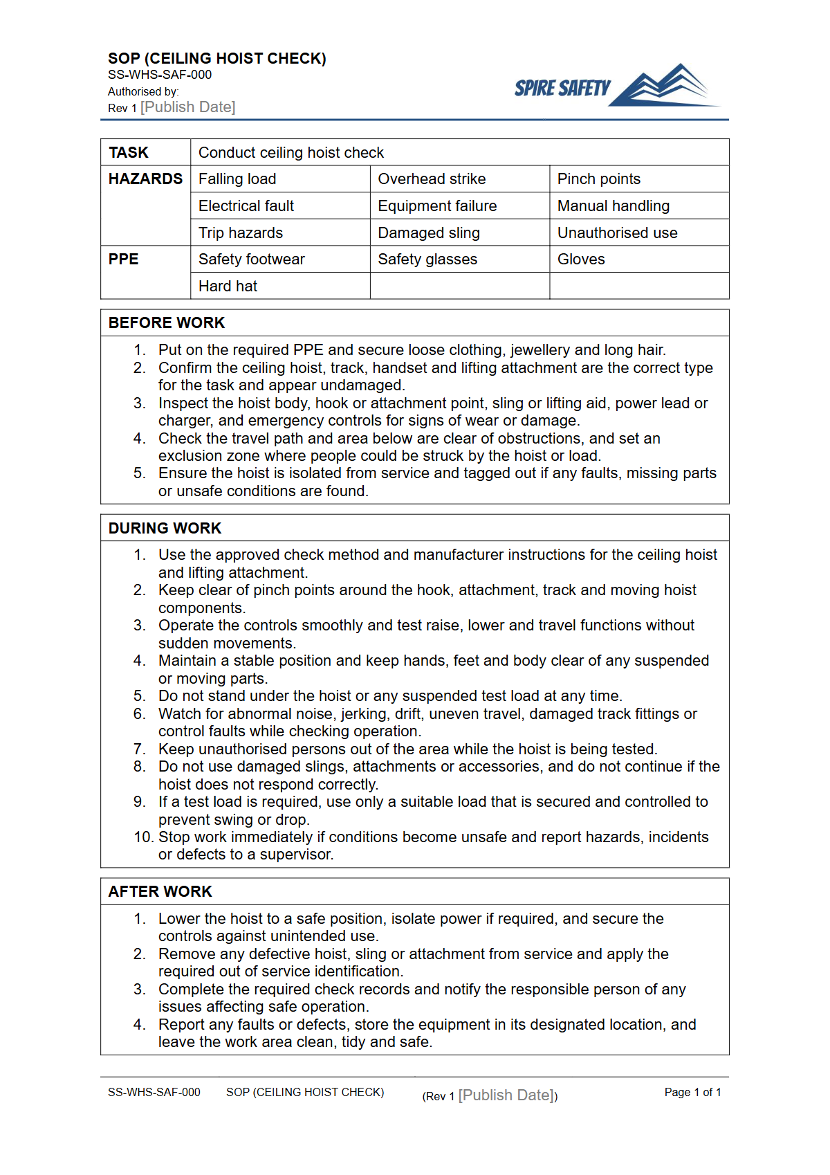 Free Safe Operating Procedure (Ceiling Hoist Check) Template — document preview