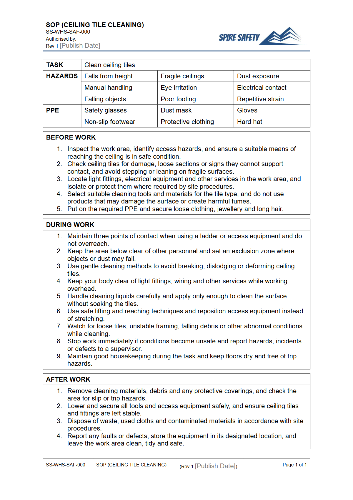 Free Safe Operating Procedure (Ceiling Tile Cleaning) Template — document preview