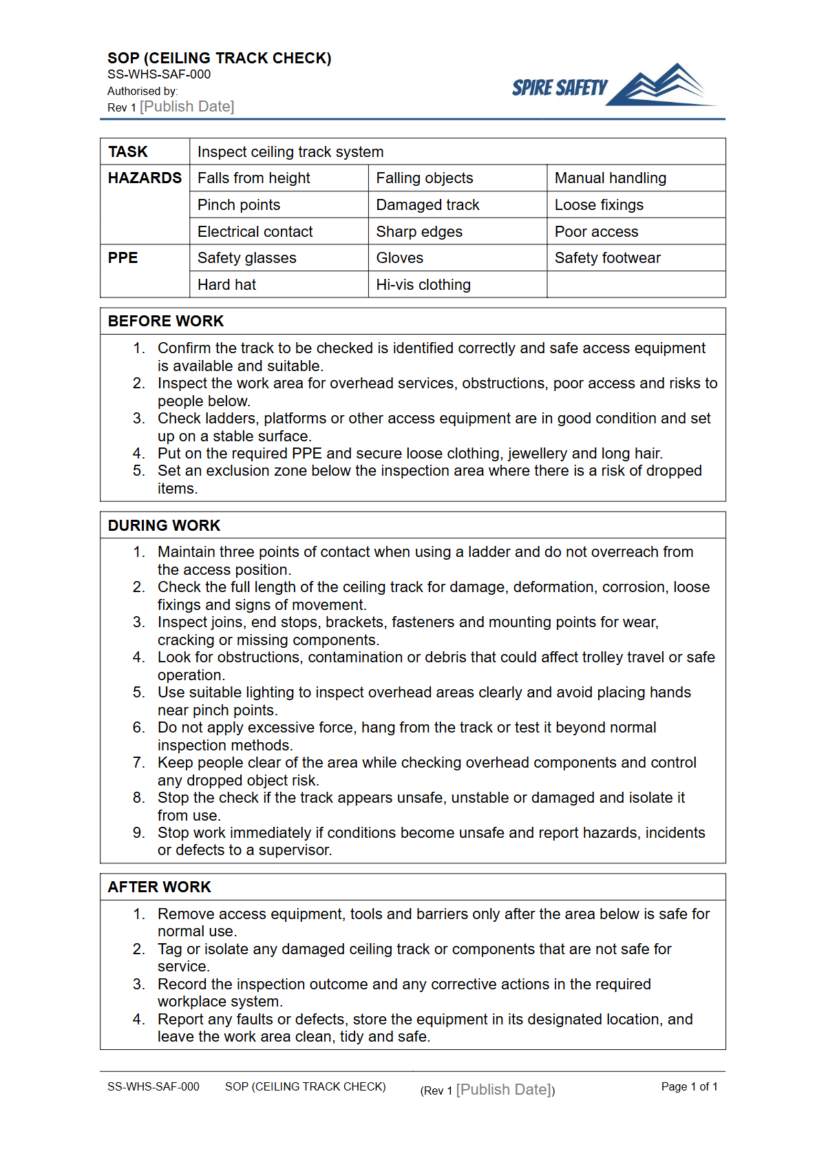 Free Safe Operating Procedure (Ceiling Track Check) Template — document preview