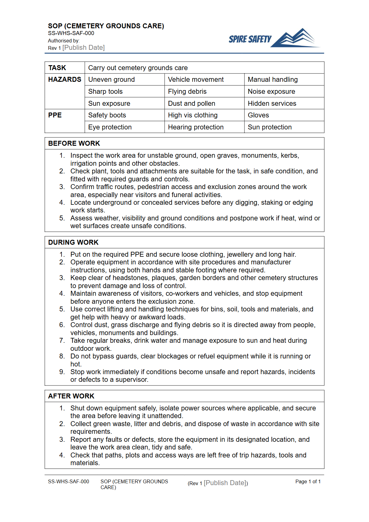 Free Safe Operating Procedure (Cemetery Grounds Care) Template — document preview