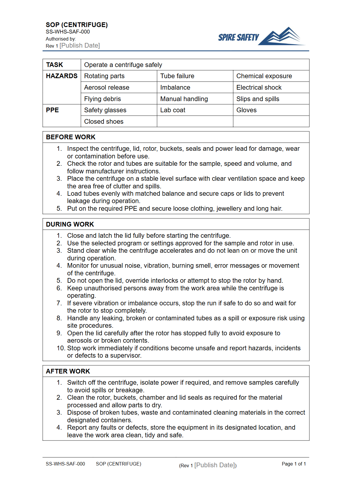 Free Safe Operating Procedure (Centrifuge) Template — document preview
