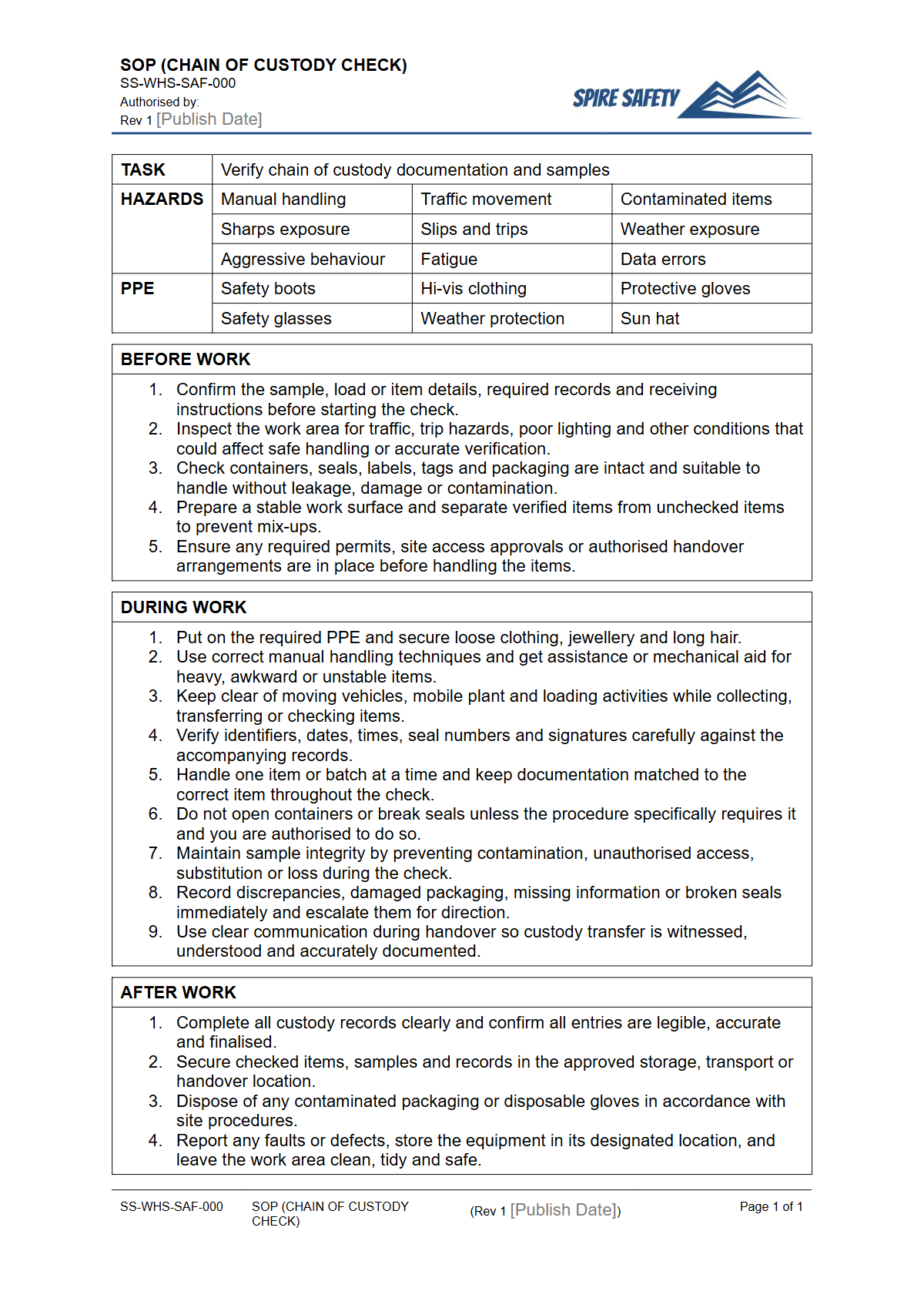 Free Safe Operating Procedure (Chain of Custody Check) Template — document preview