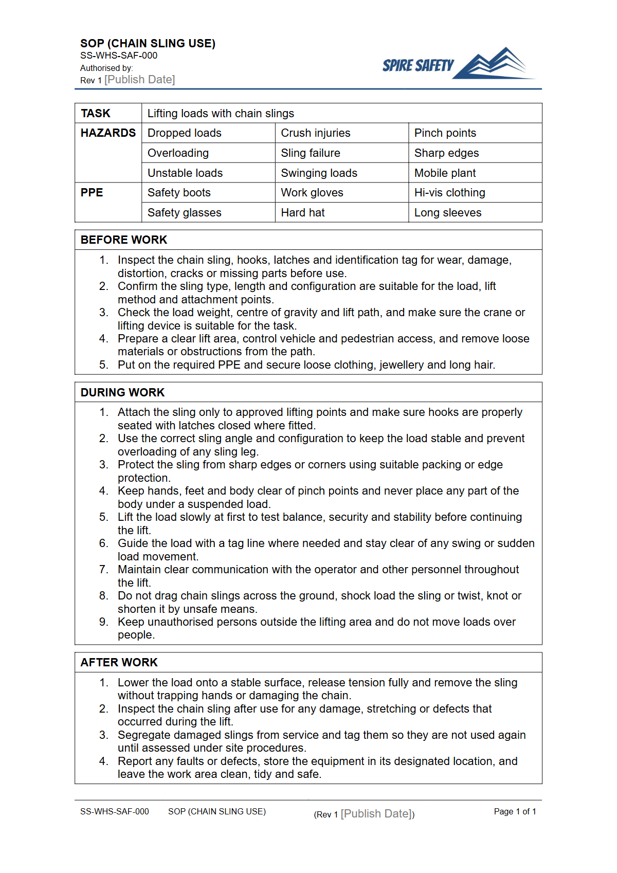 Free Safe Operating Procedure (Chain Sling Use) Template — document preview