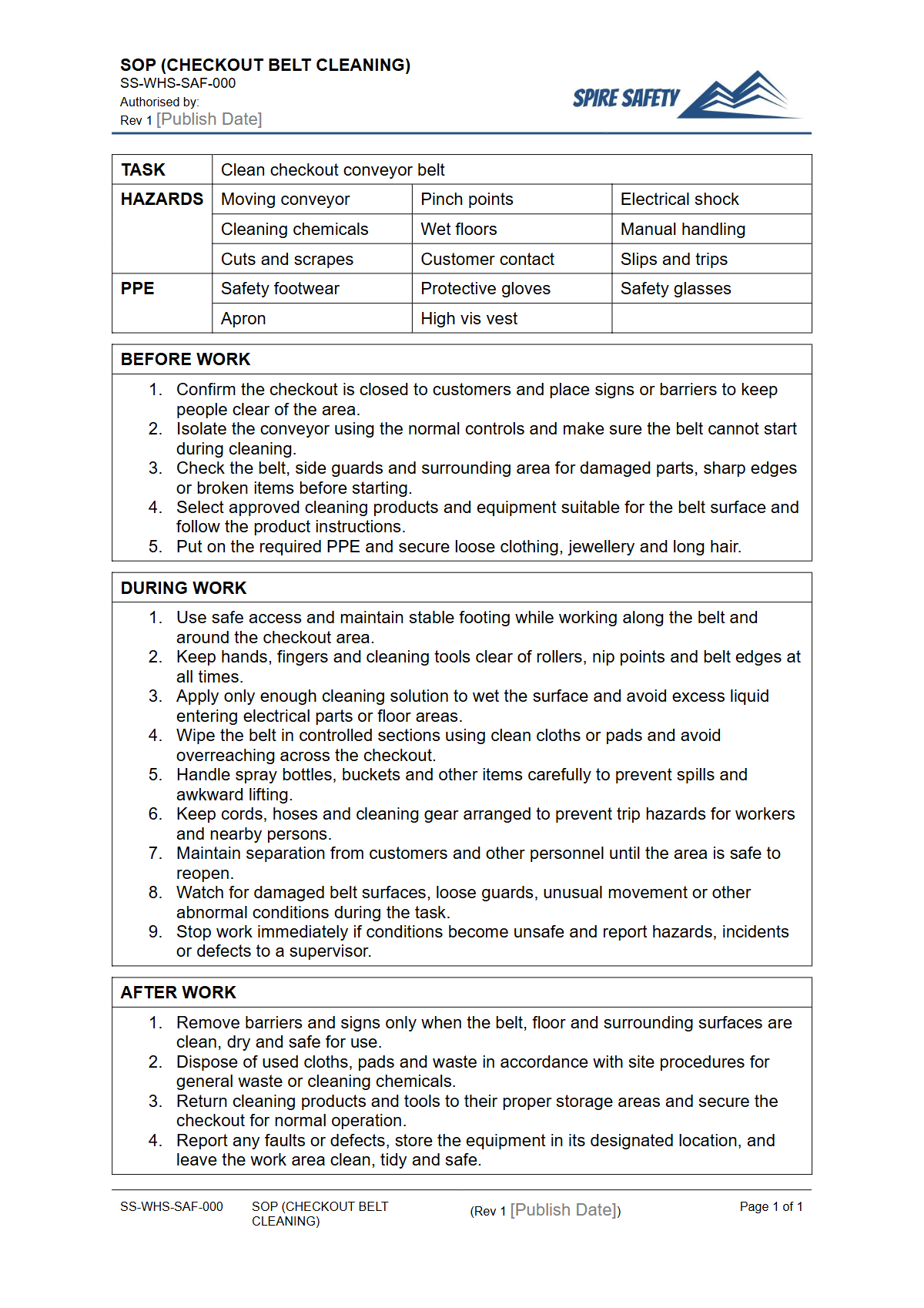 Free Safe Operating Procedure (Checkout Belt Cleaning) Template — document preview