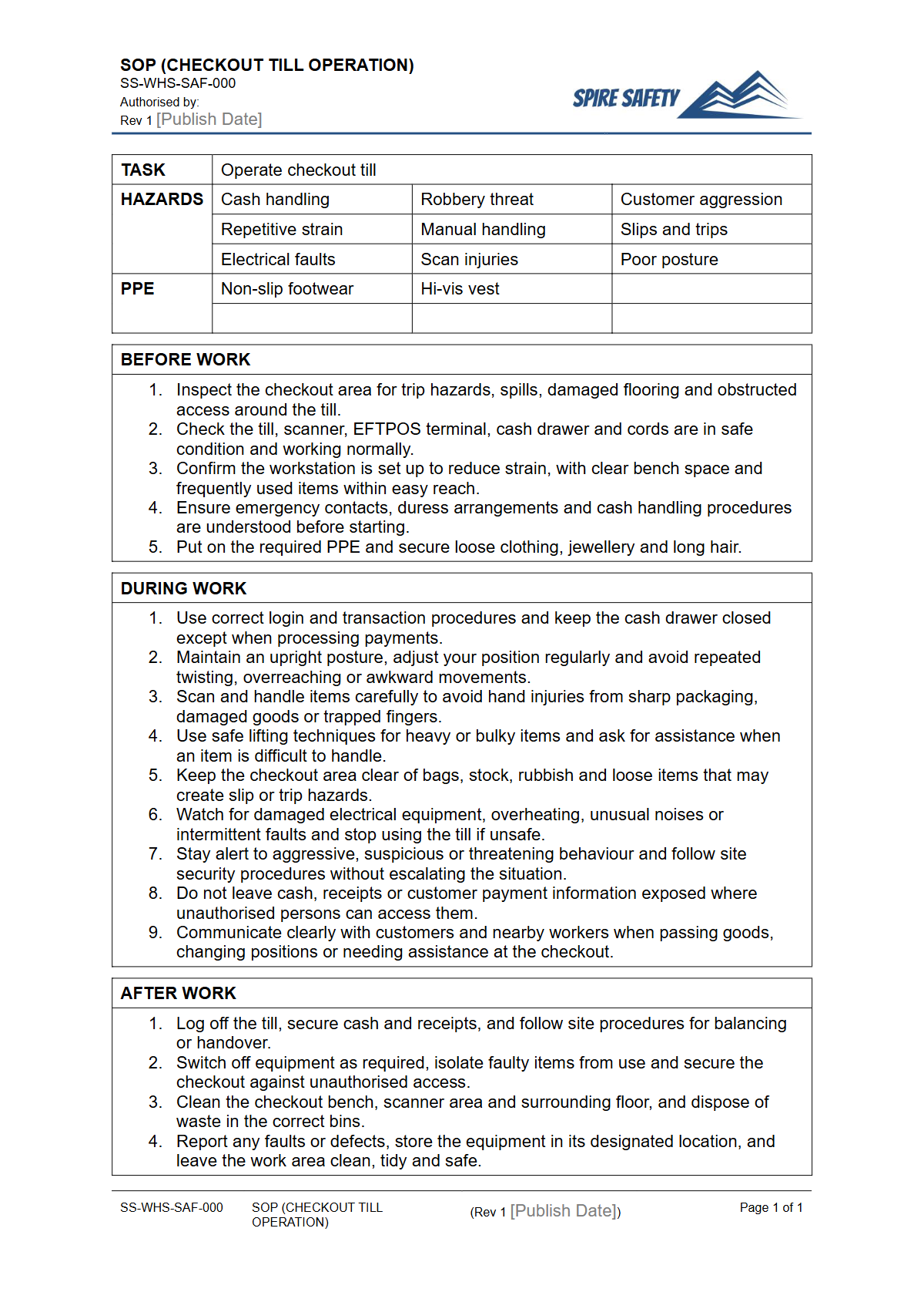 Free Safe Operating Procedure (Checkout Till Operation) Template — document preview