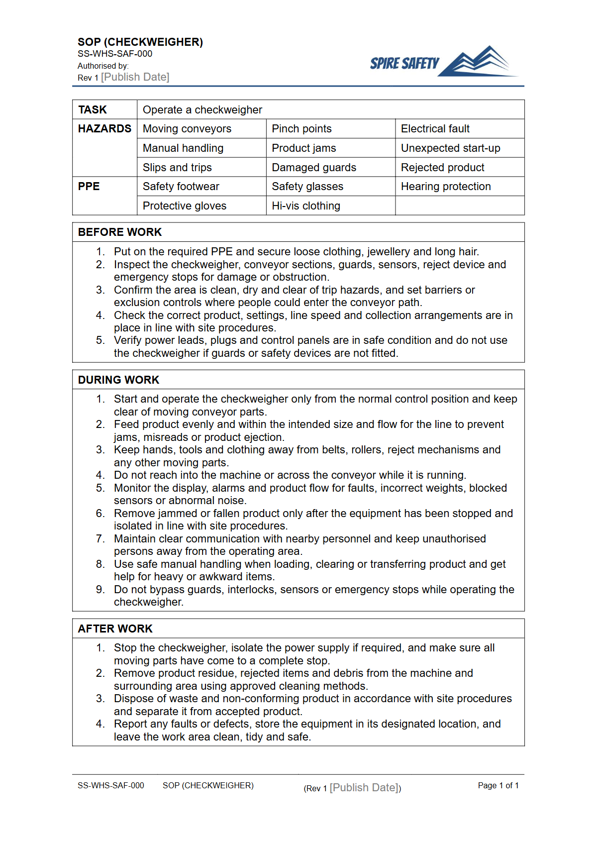 Free Safe Operating Procedure (Checkweigher) Template — document preview