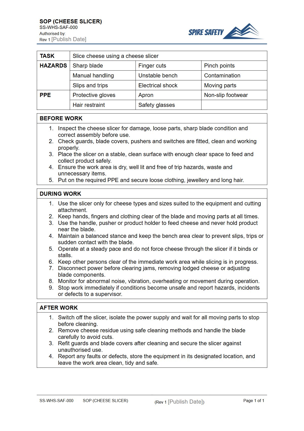 Free Safe Operating Procedure (Cheese Slicer) Template — document preview