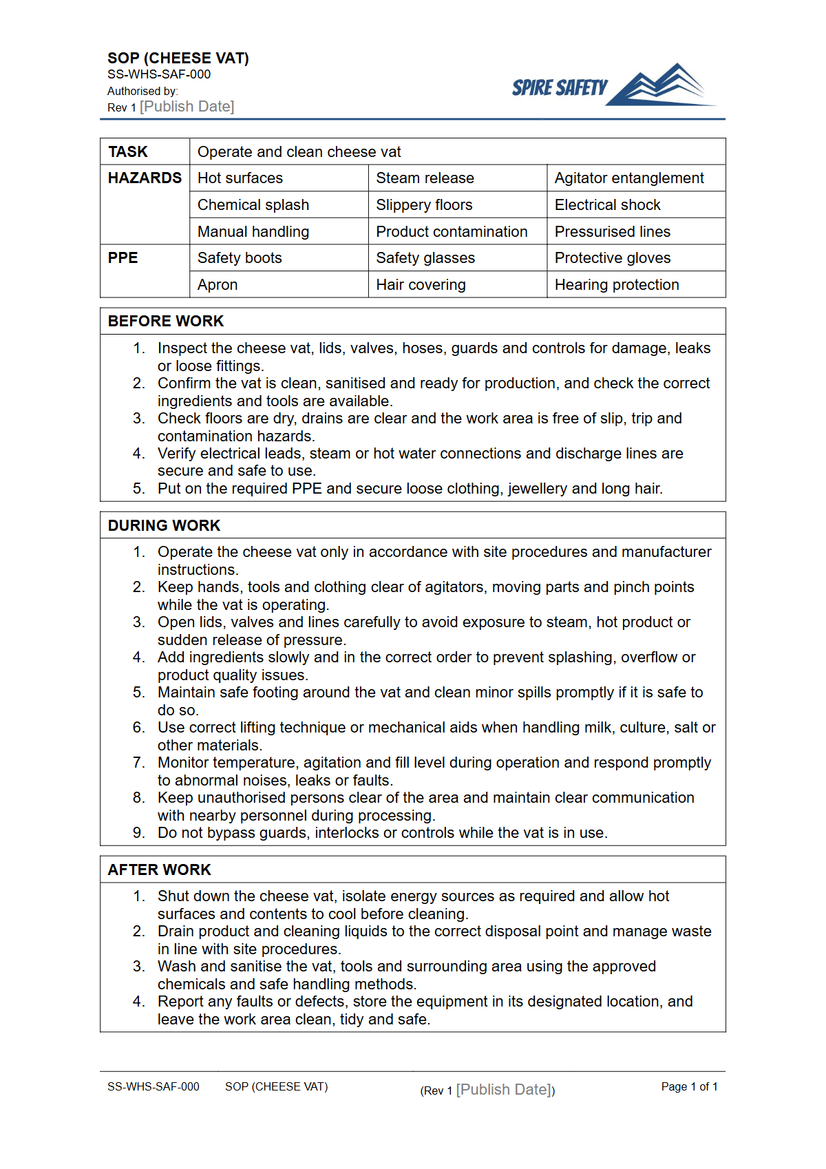 Free Safe Operating Procedure (Cheese Vat) Template — document preview