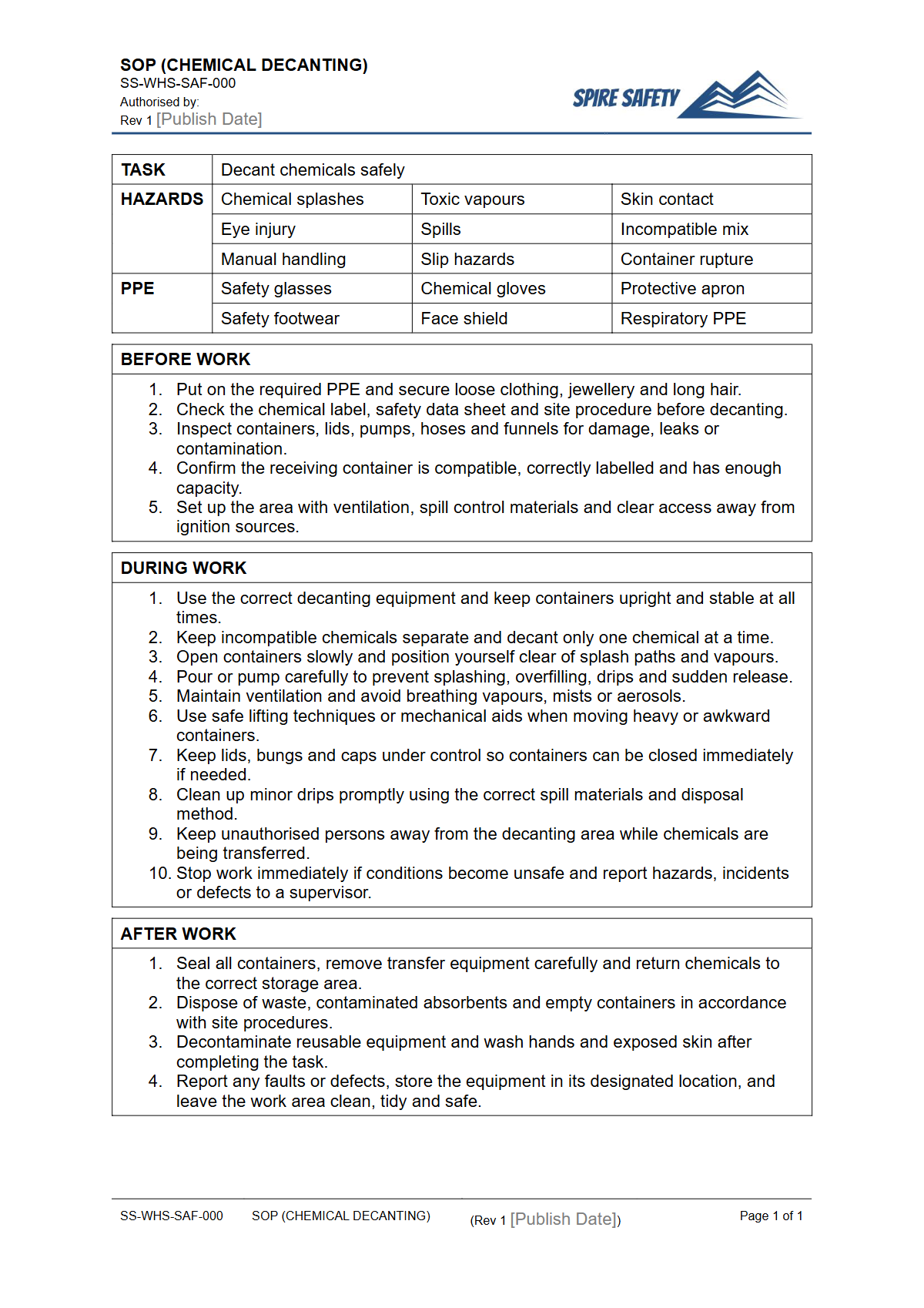 Free Safe Operating Procedure (Chemical Decanting) Template — document preview
