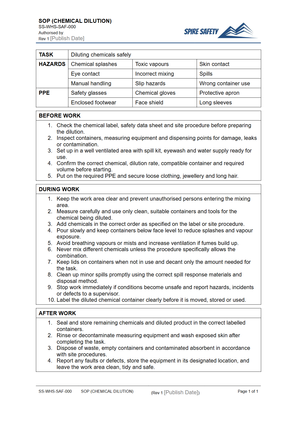 Free Safe Operating Procedure (Chemical Dilution) Template — document preview