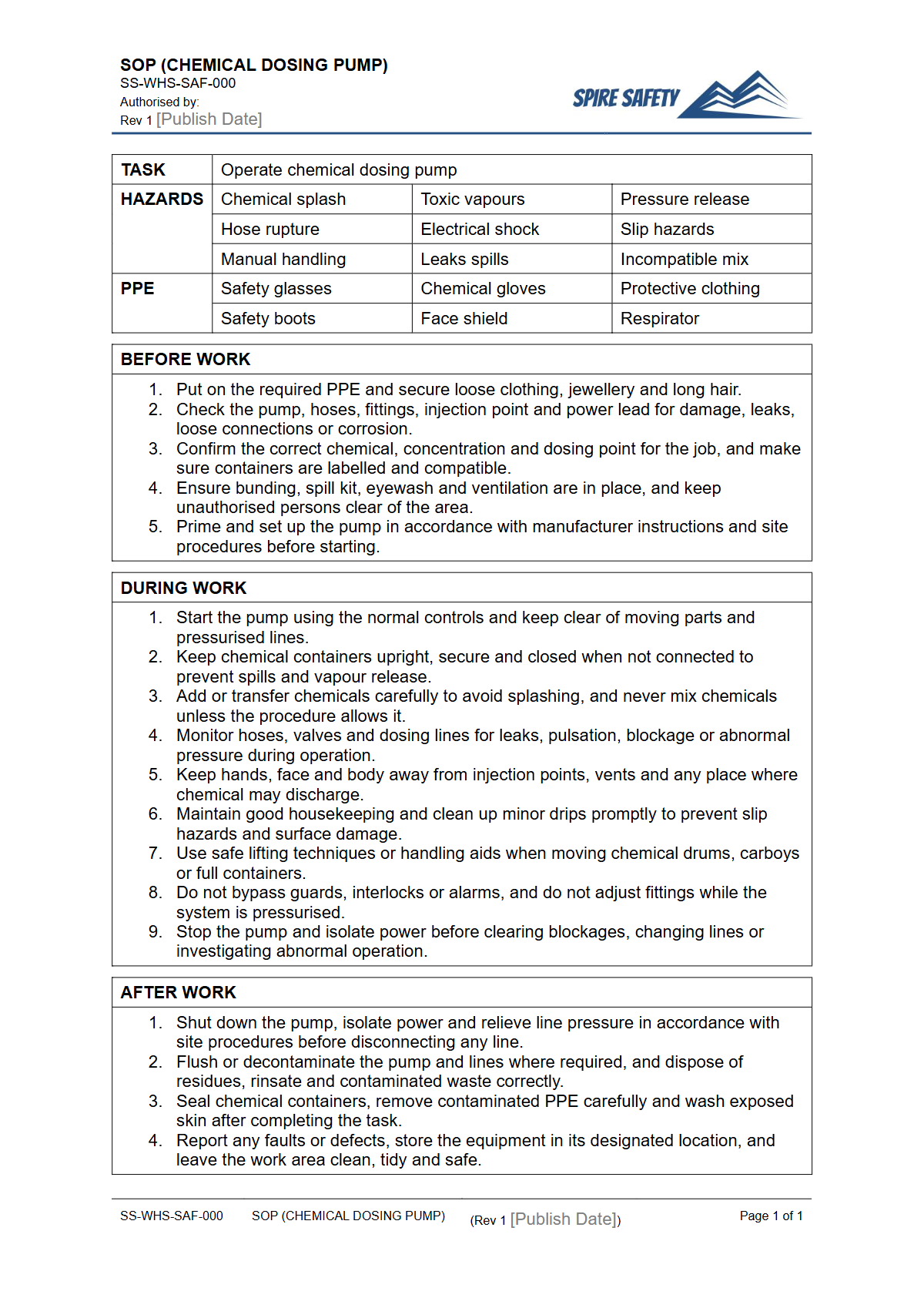 Free Safe Operating Procedure (Chemical Dosing Pump) Template — document preview