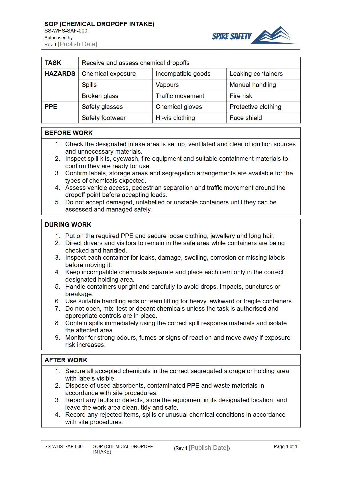 Free Safe Operating Procedure (Chemical Dropoff Intake) Template — document preview