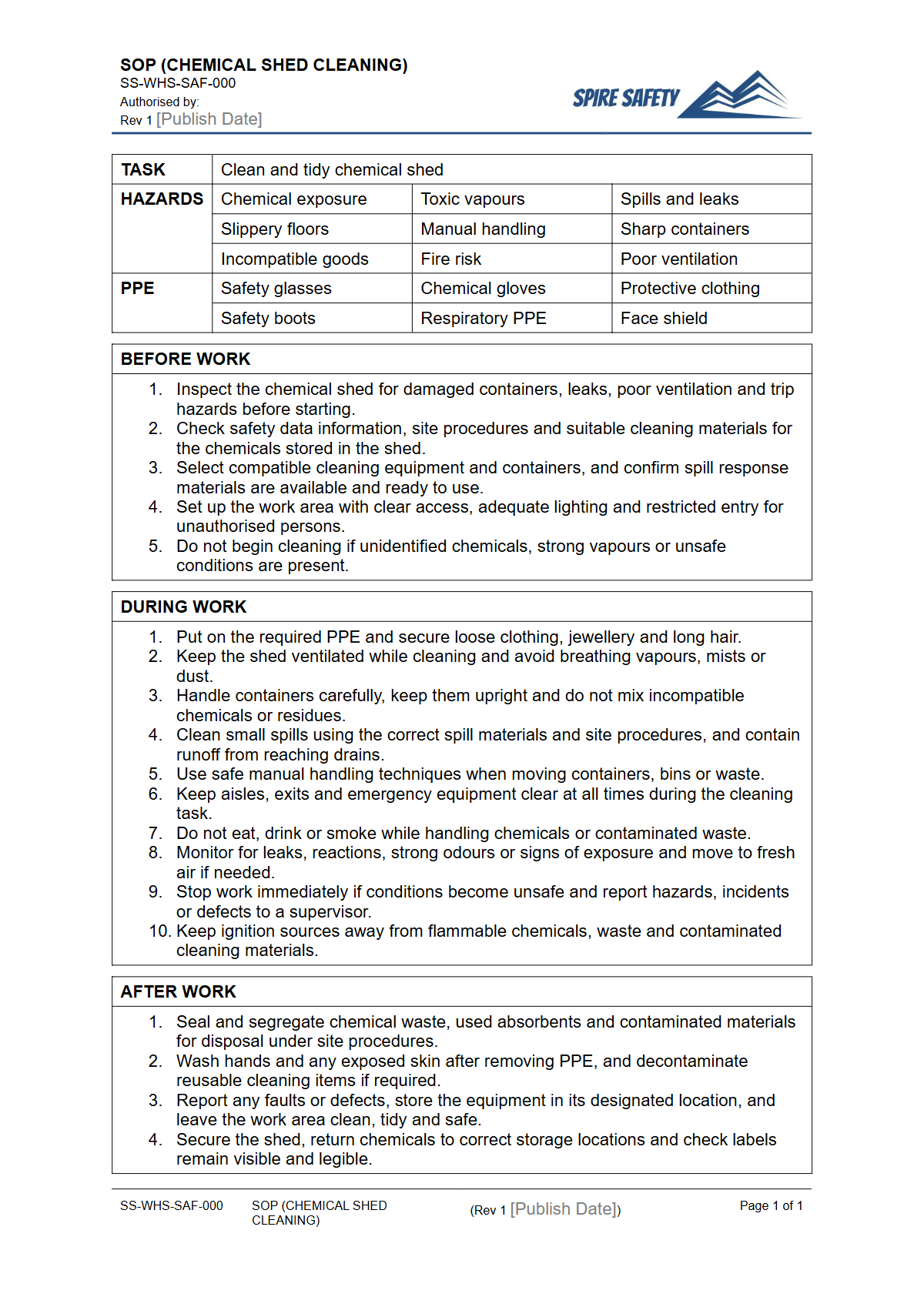 Free Safe Operating Procedure (Chemical Shed Cleaning) Template — document preview