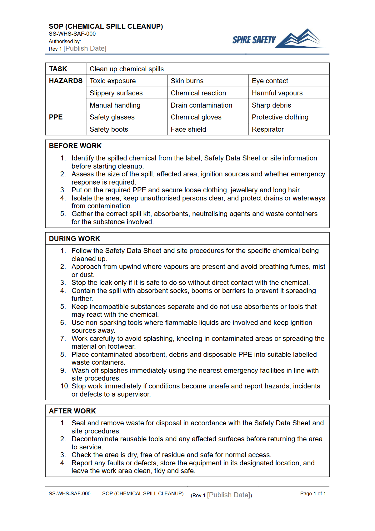 Free Safe Operating Procedure (Chemical Spill Cleanup) Template — document preview