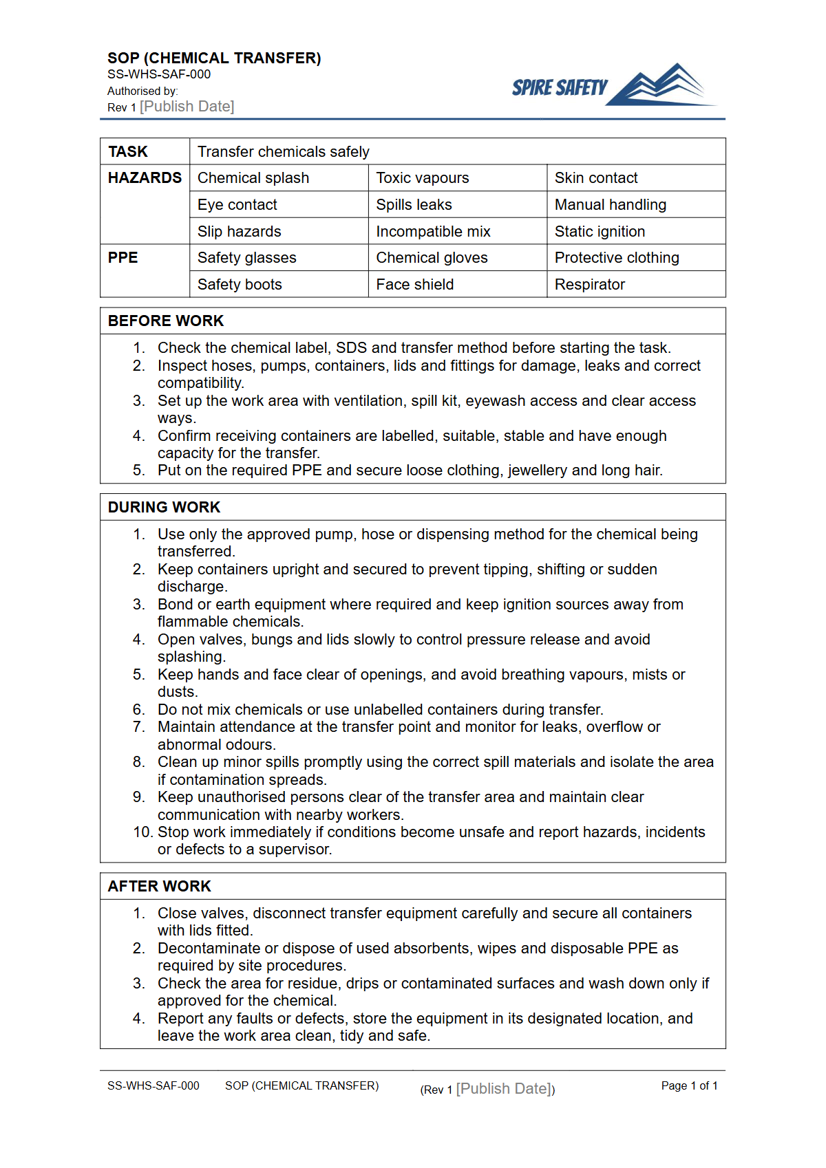 Free Safe Operating Procedure (Chemical Transfer) Template — document preview