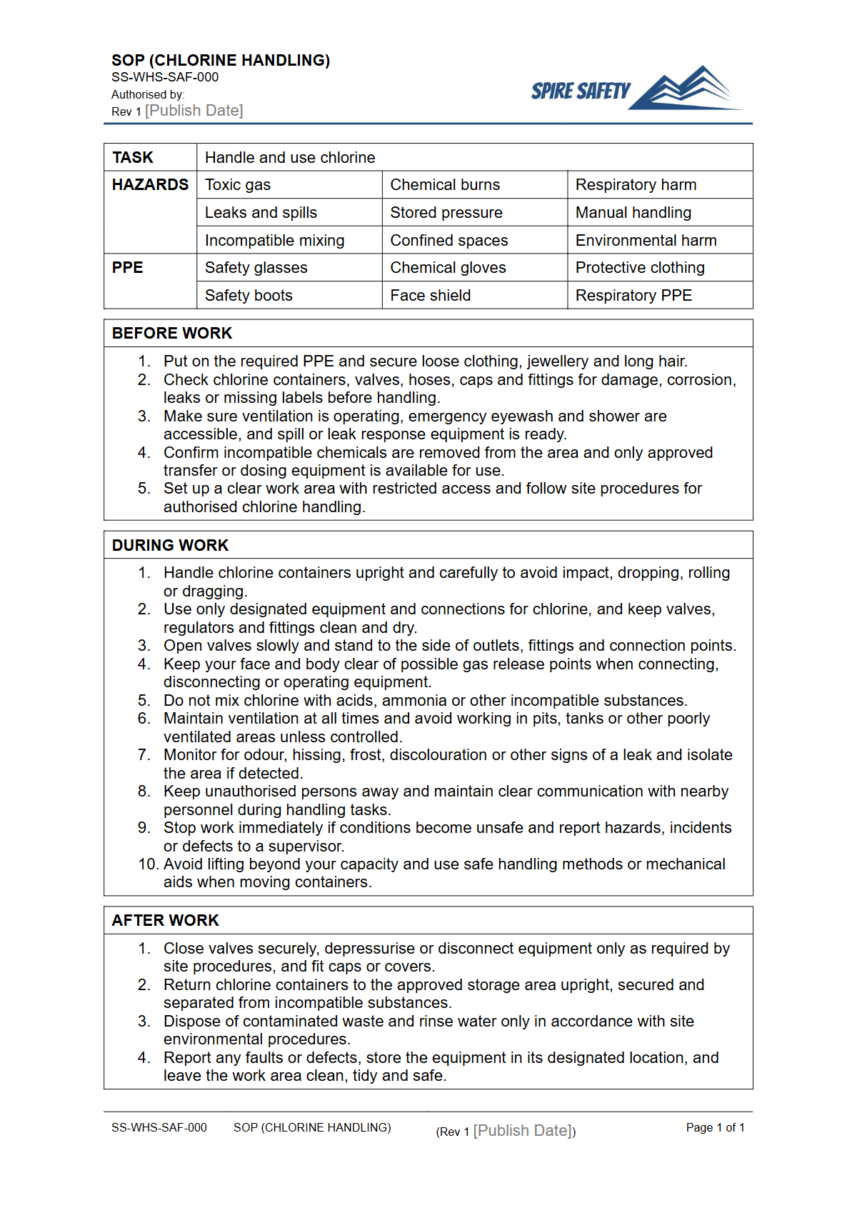 Free Safe Operating Procedure (Chlorine Handling) Template — document preview