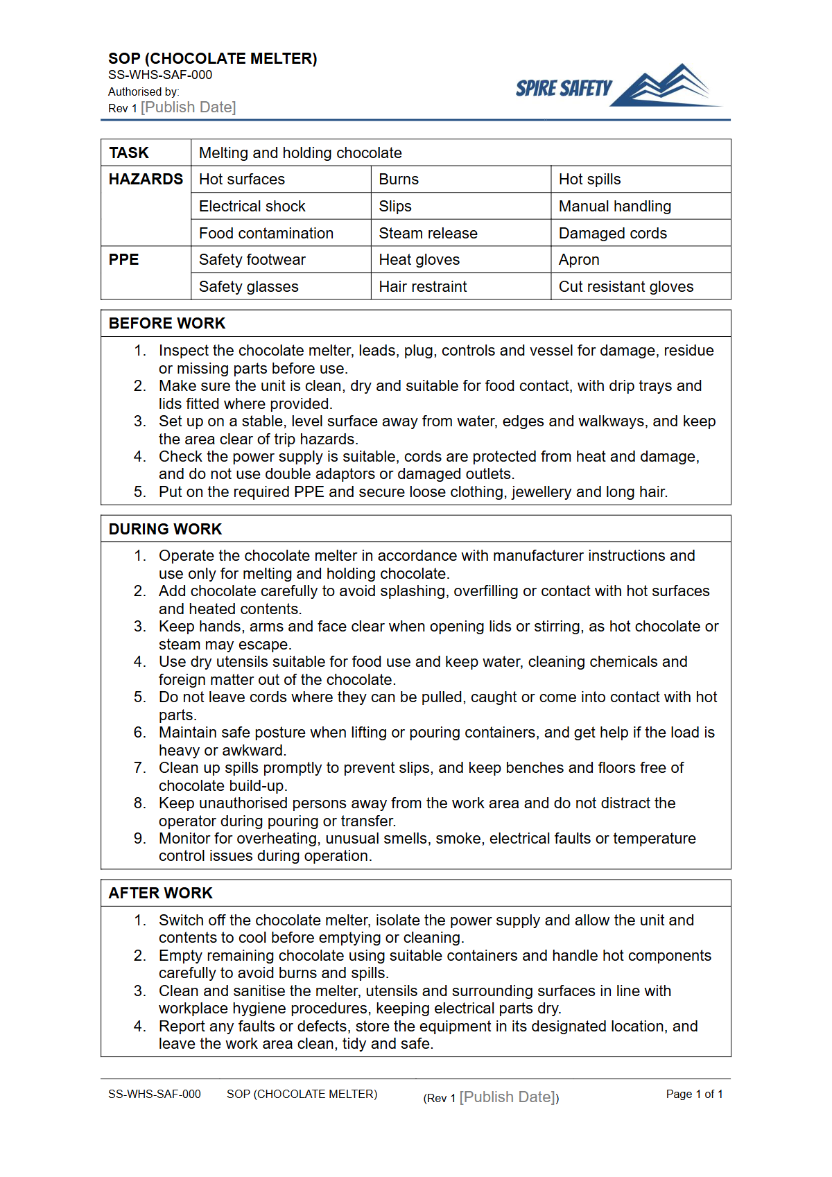 Free Safe Operating Procedure (Chocolate Melter) Template — document preview