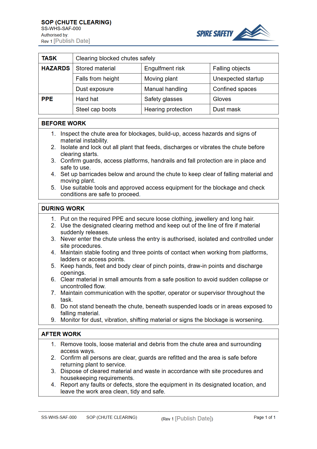 Free Safe Operating Procedure (Chute Clearing) Template — document preview