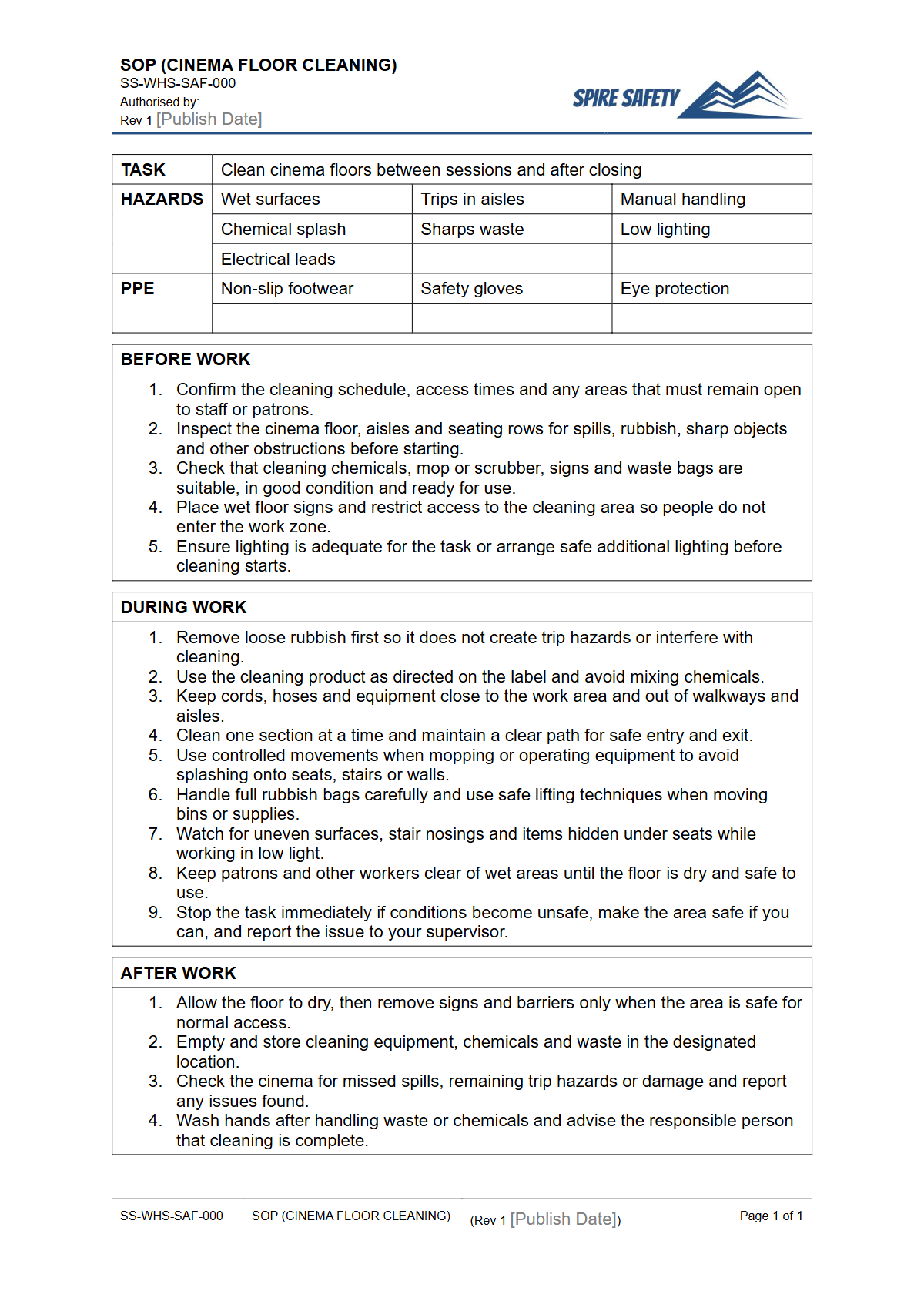 Free Safe Operating Procedure (Cinema Floor Cleaning) Template — document preview