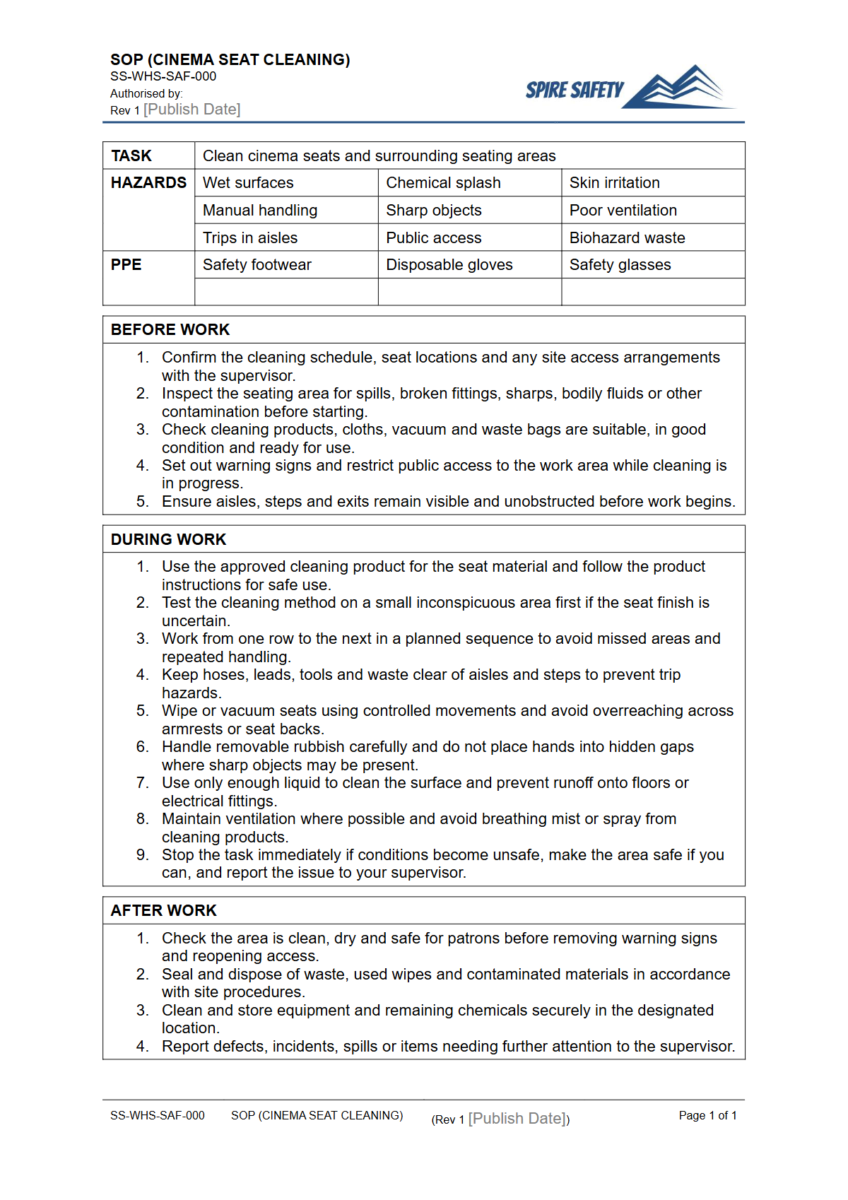 Free Safe Operating Procedure (Cinema Seat Cleaning) Template — document preview