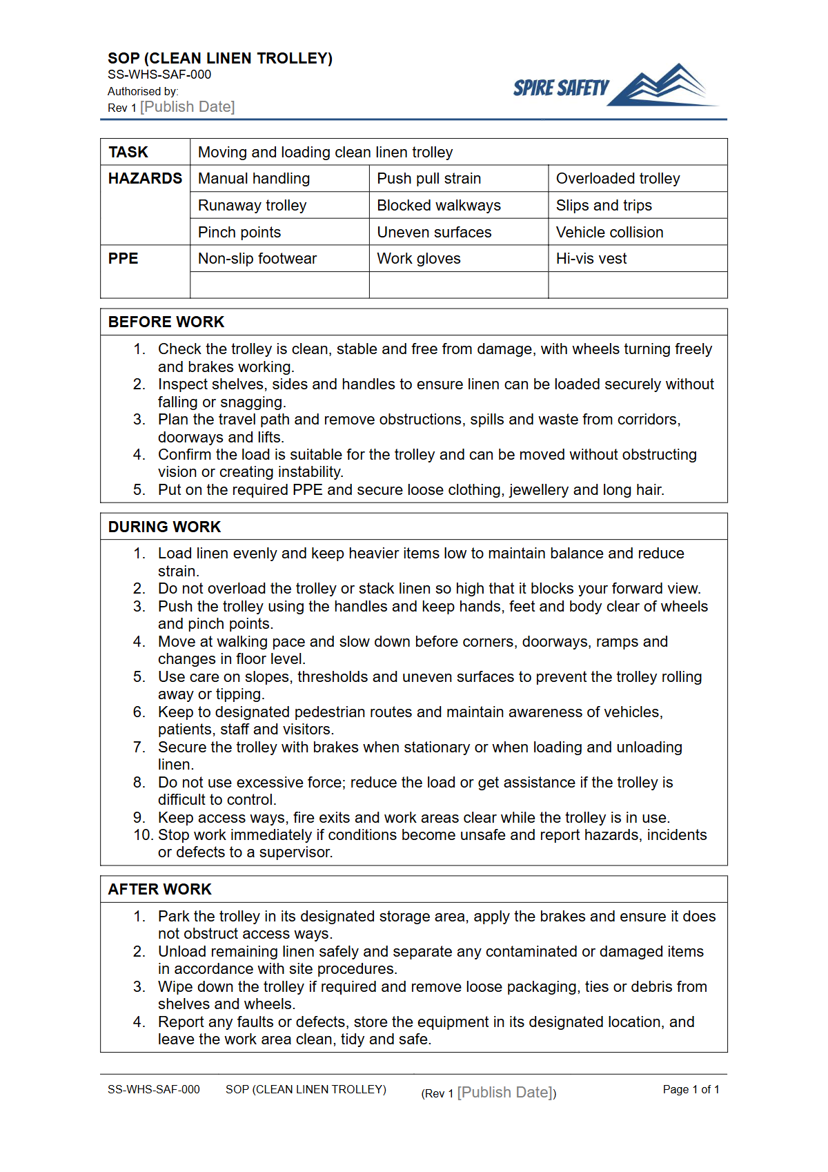 Free Safe Operating Procedure (Clean Linen Trolley) Template — document preview