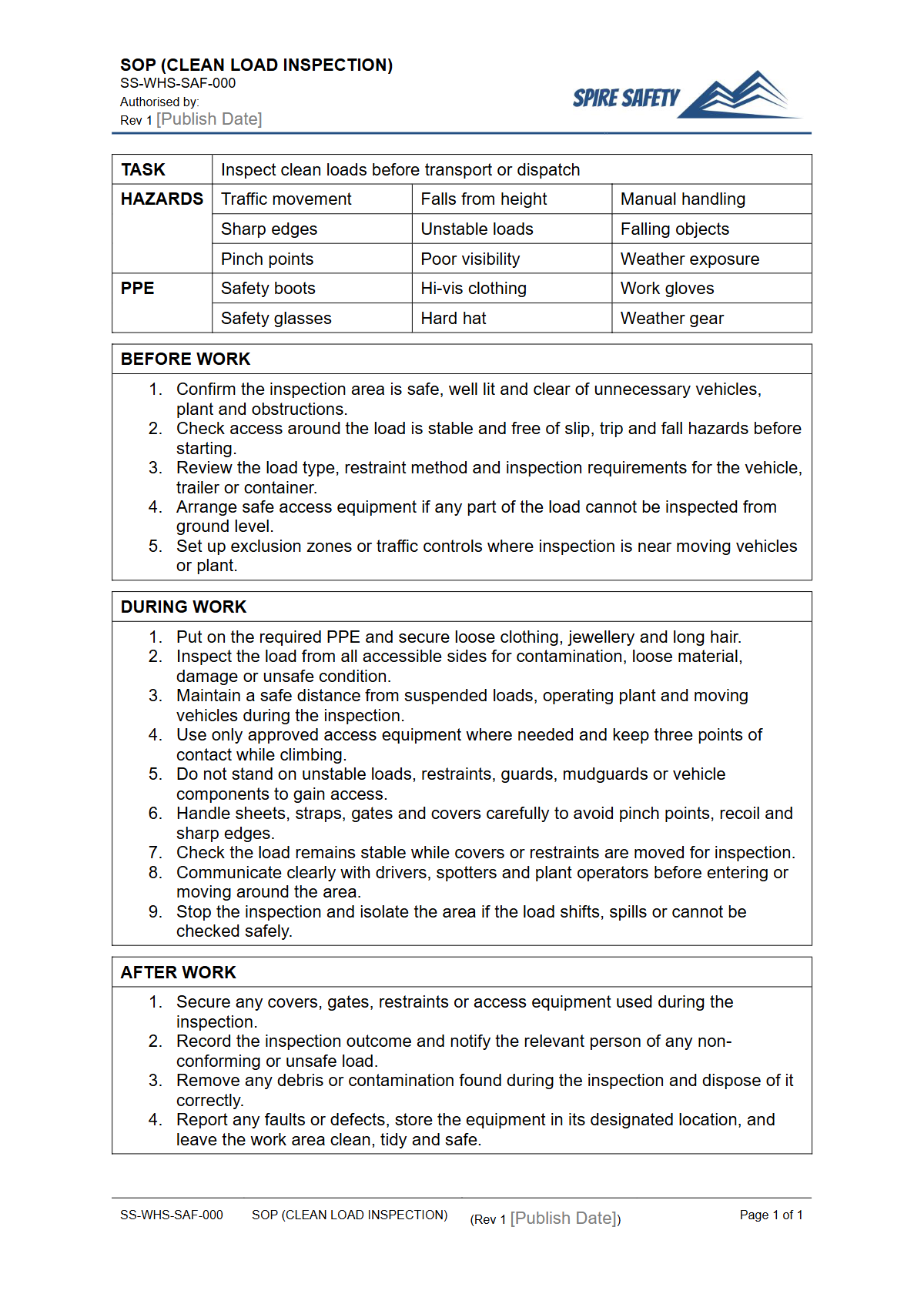 Free Safe Operating Procedure (Clean Load Inspection) Template — document preview