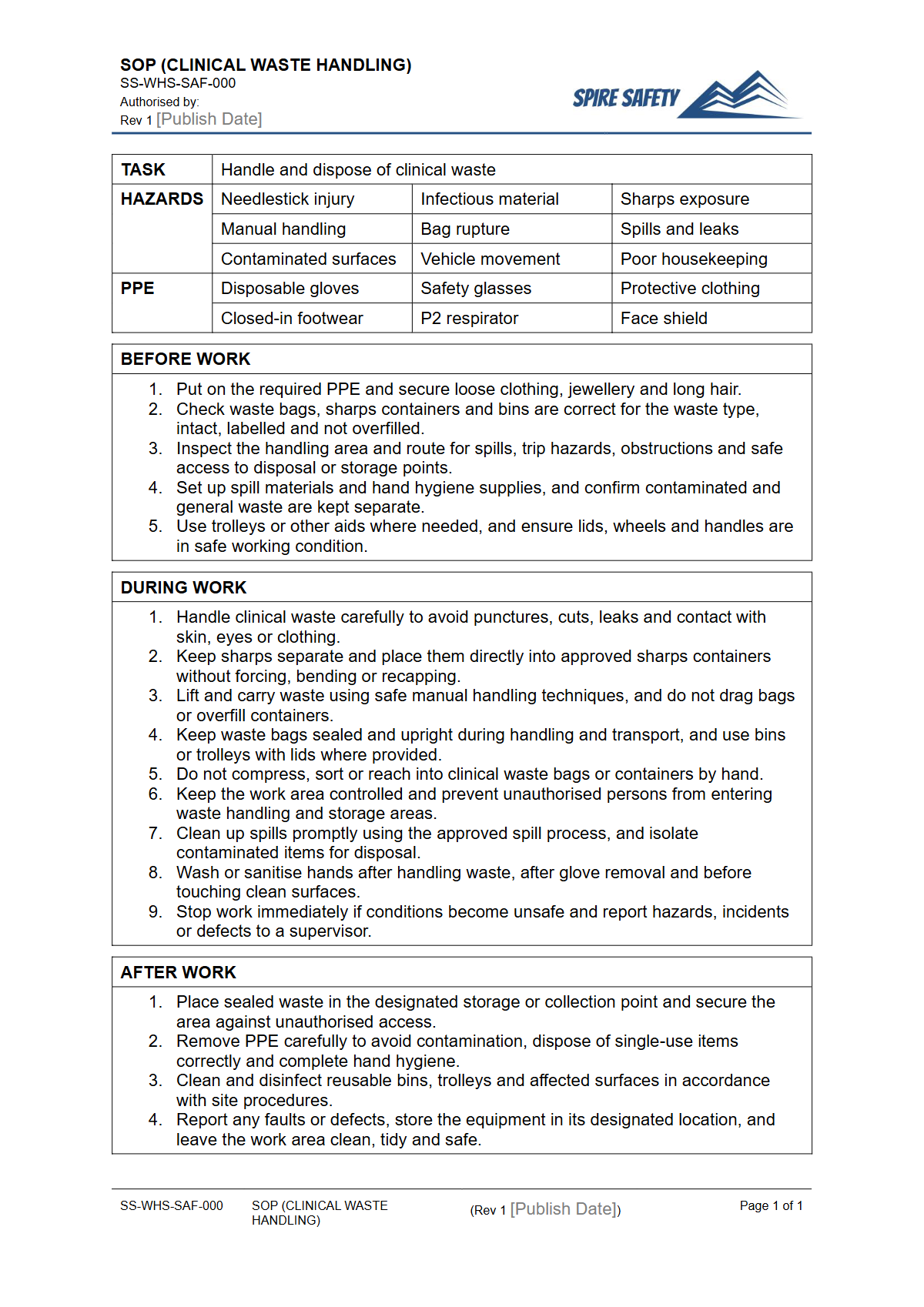 Free Safe Operating Procedure (Clinical Waste Handling) Template — document preview