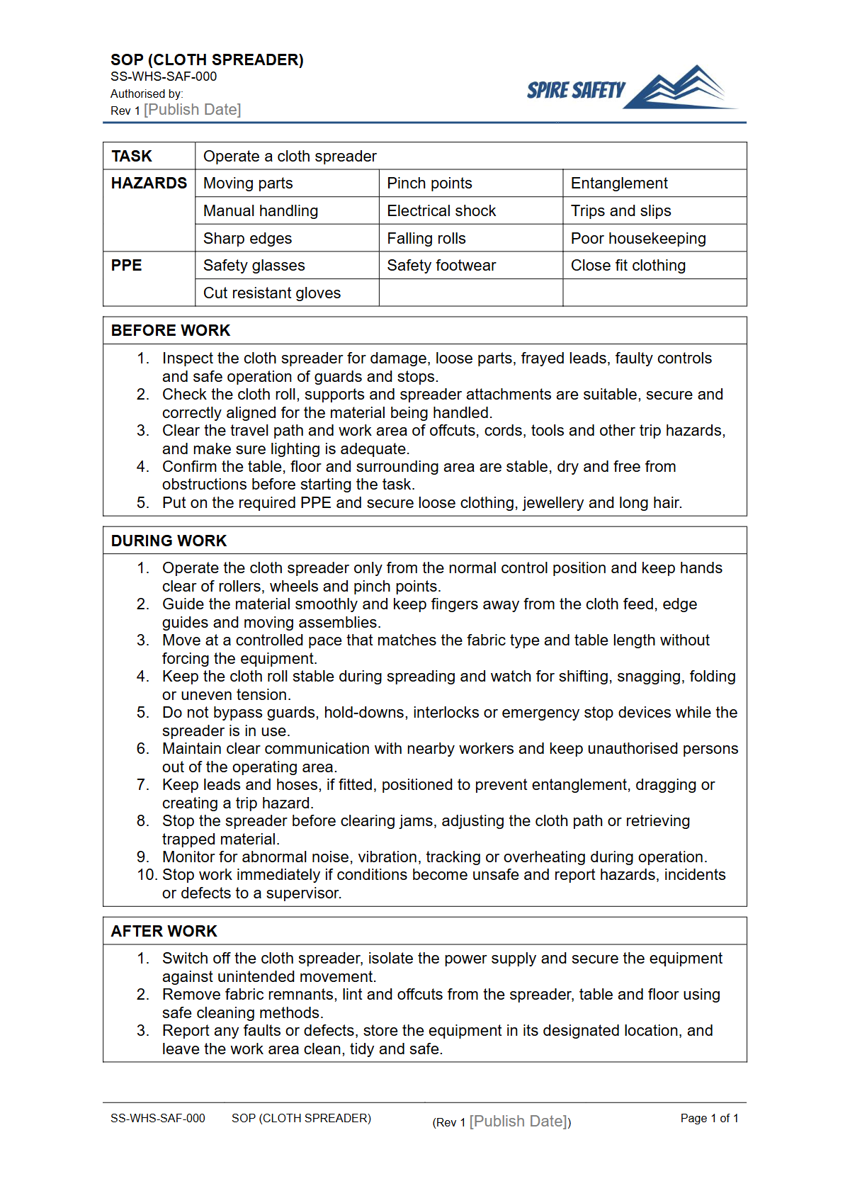 Free Safe Operating Procedure (Cloth Spreader) Template — document preview