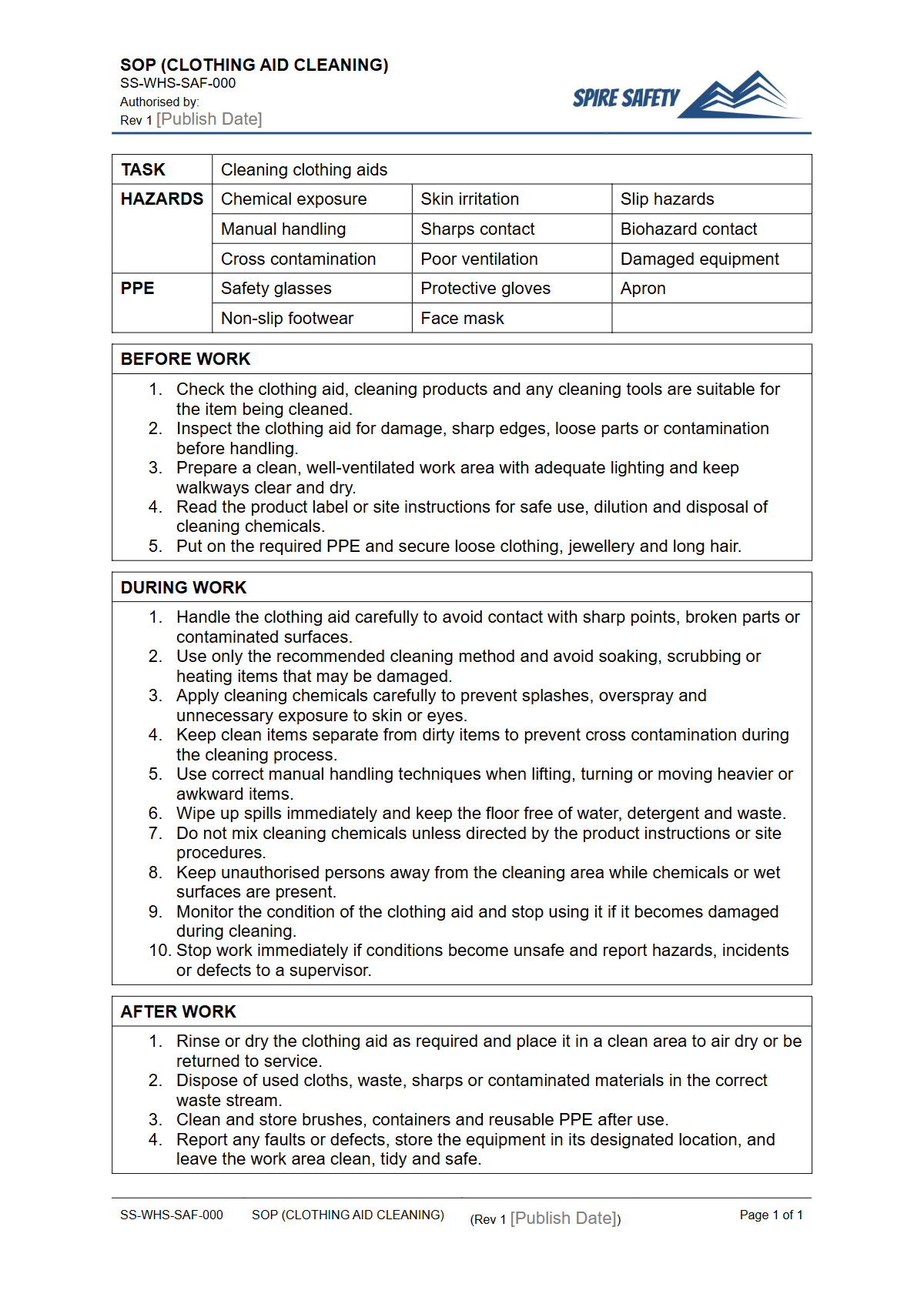 Free Safe Operating Procedure (Clothing Aid Cleaning) Template — document preview