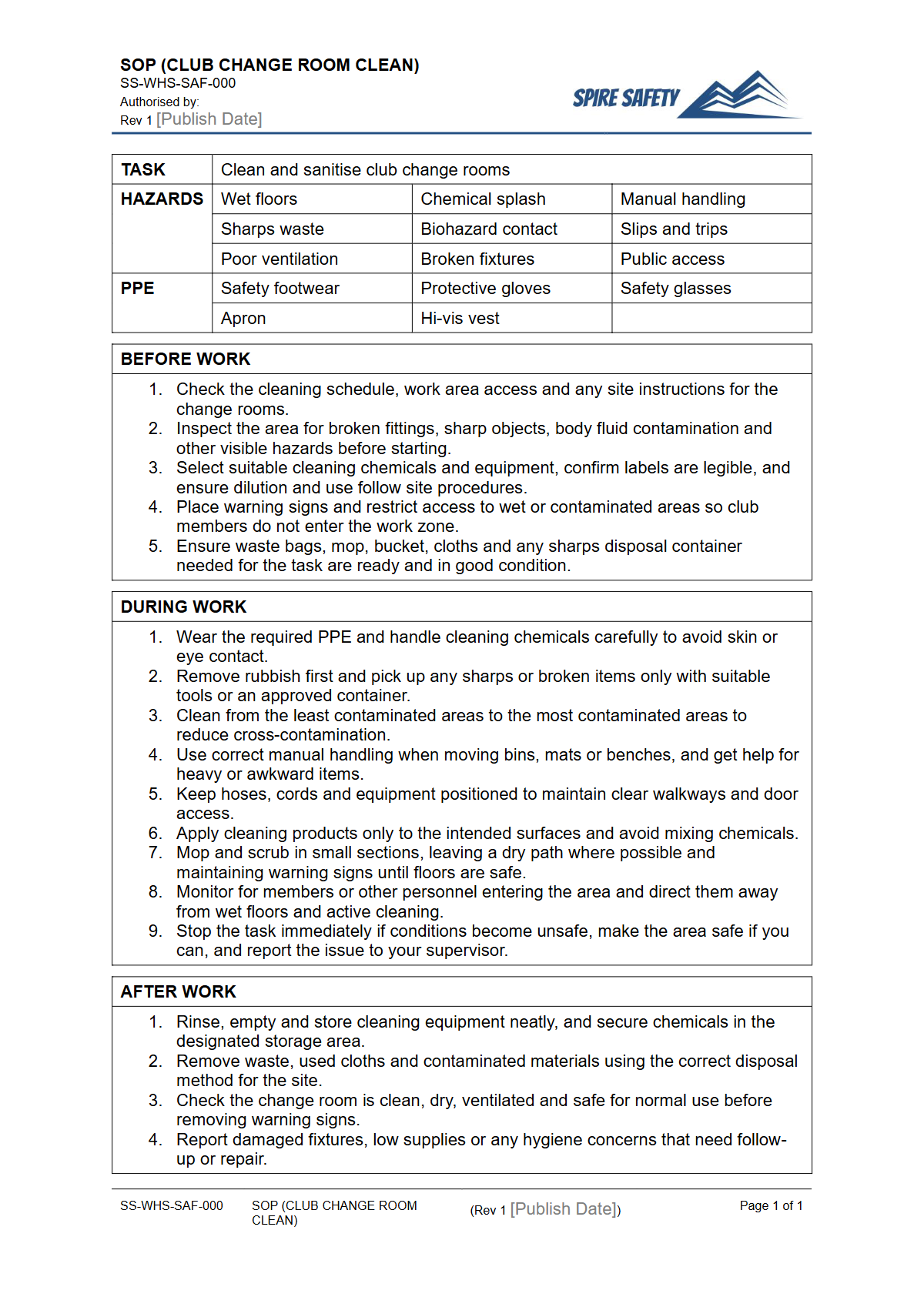 Free Safe Operating Procedure (Club Change Room Clean) Template — document preview