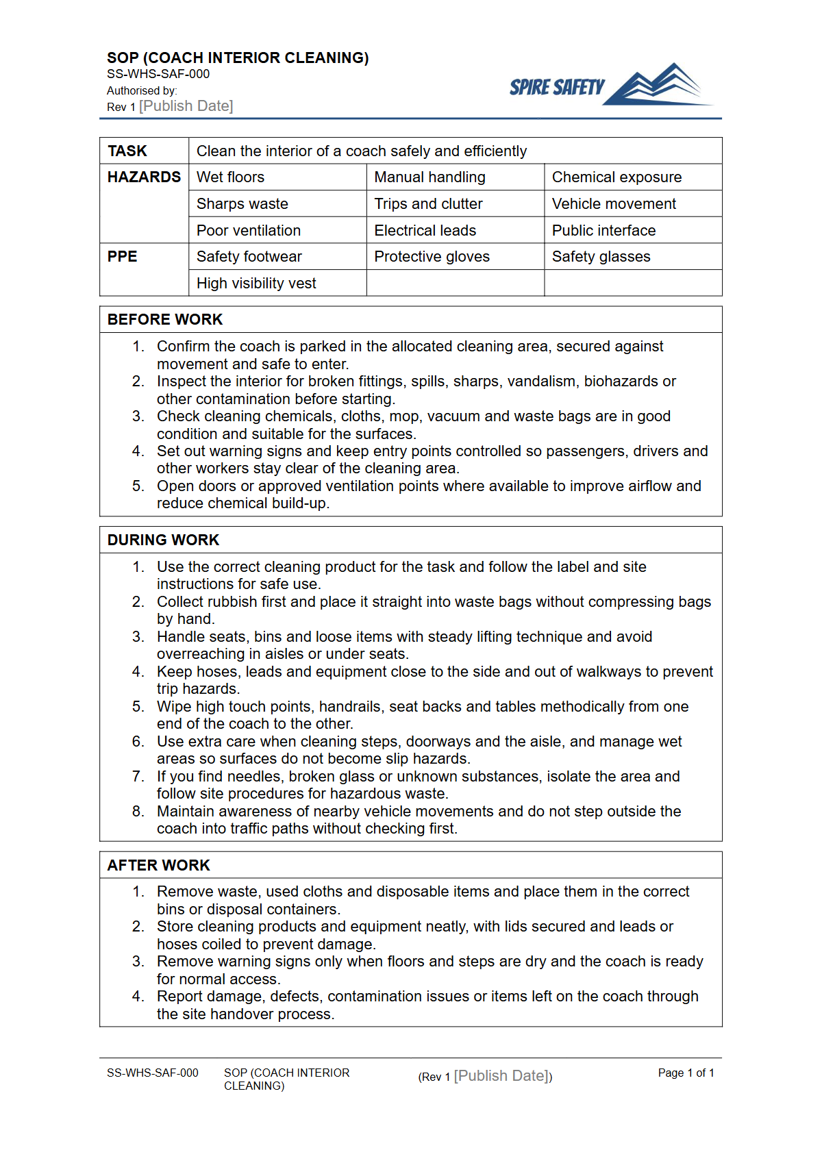 Free Safe Operating Procedure (Coach Interior Cleaning) Template — document preview