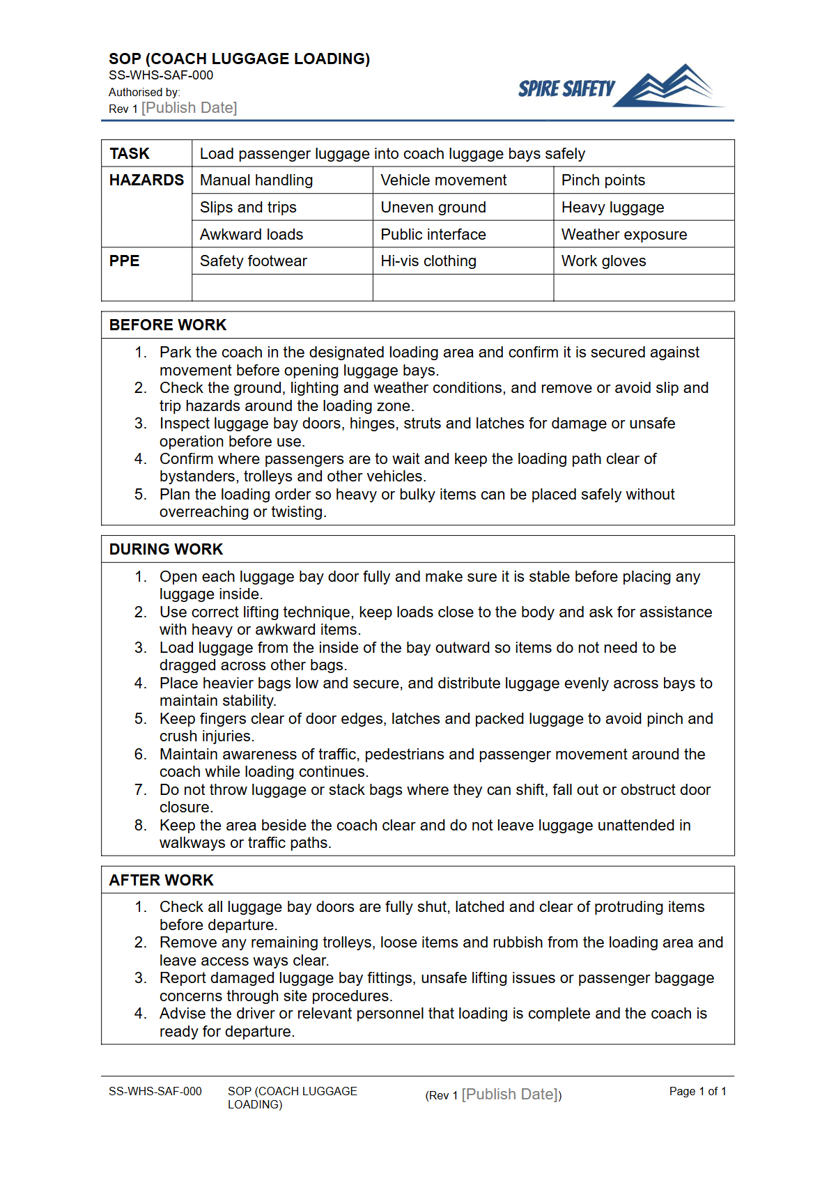 Free Safe Operating Procedure (Coach Luggage Loading) Template — document preview