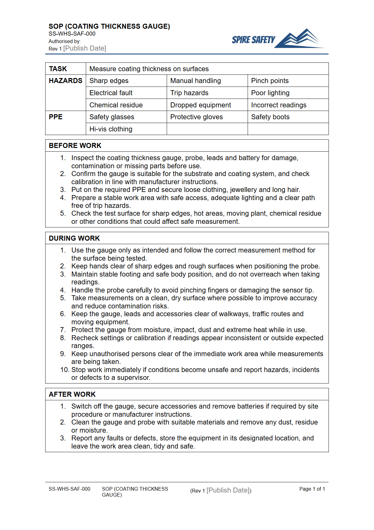 Free Safe Operating Procedure (Coating Thickness Gauge) Template — document preview