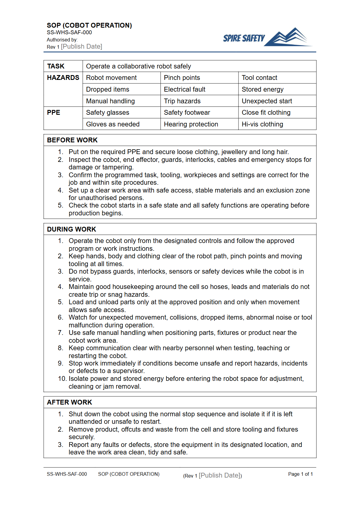 Free Safe Operating Procedure (Cobot Operation) Template — document preview