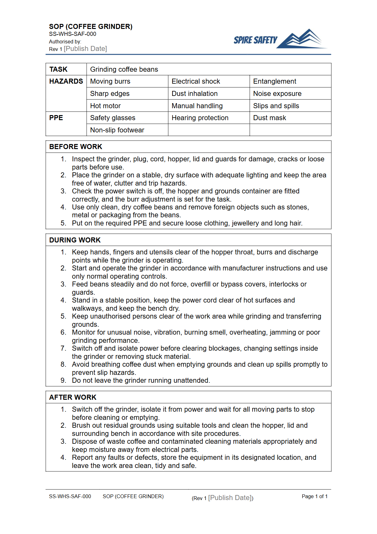 Free Safe Operating Procedure (Coffee Grinder) Template — document preview