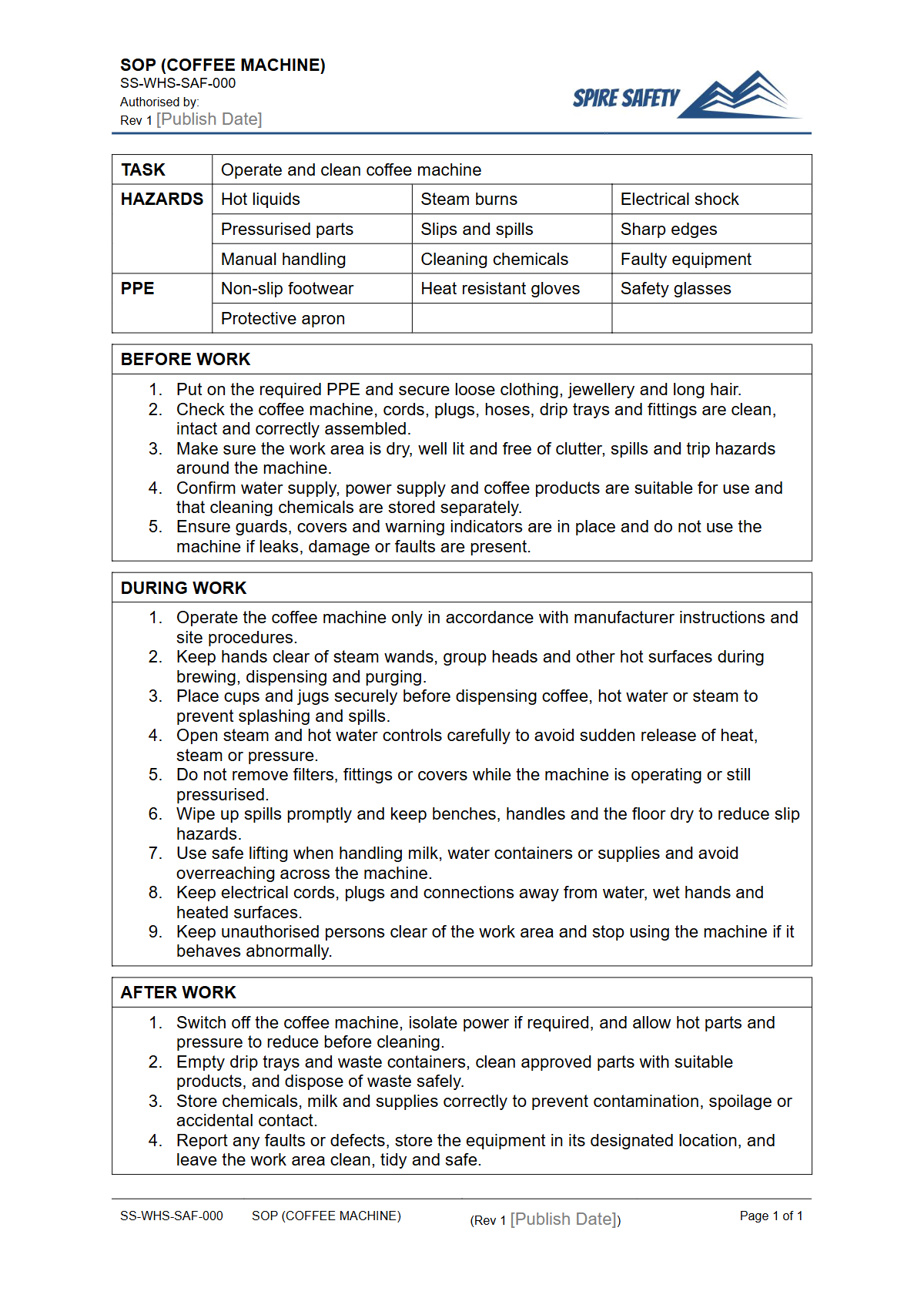 Free Safe Operating Procedure (Coffee Machine) Template — document preview
