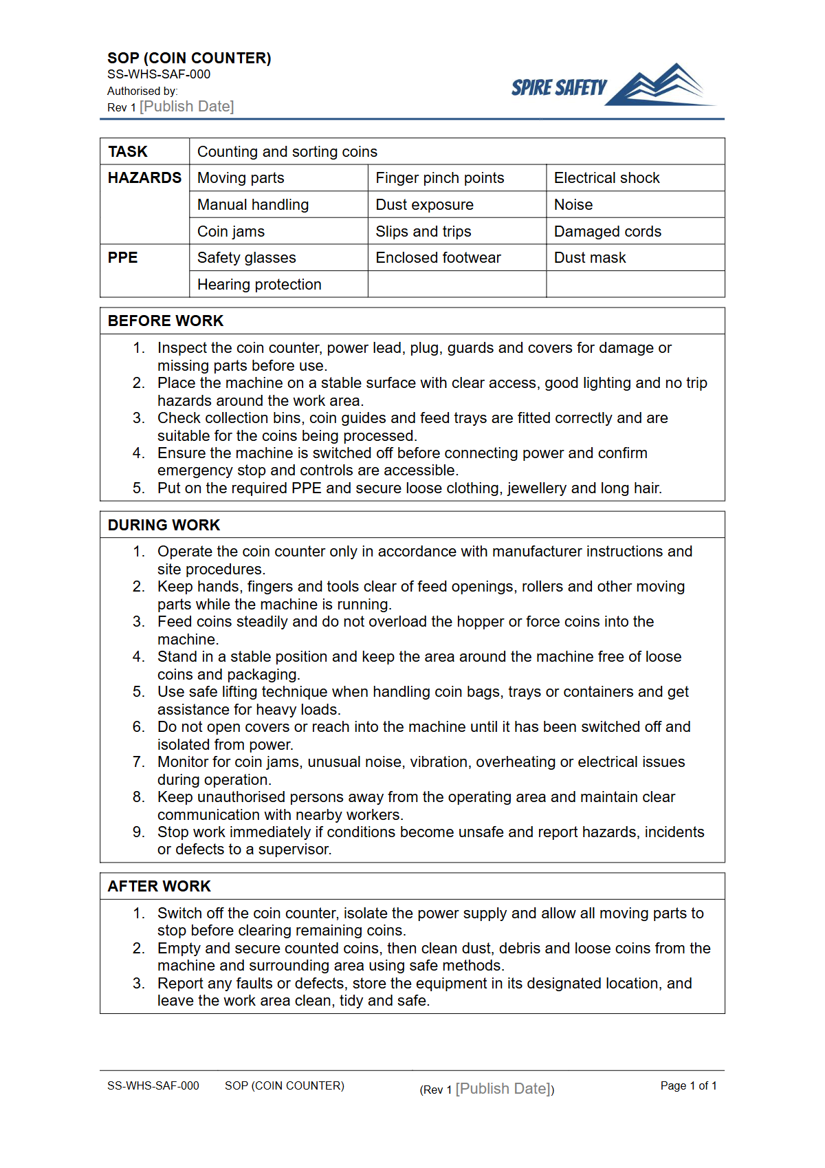 Free Safe Operating Procedure (Coin Counter) Template — document preview