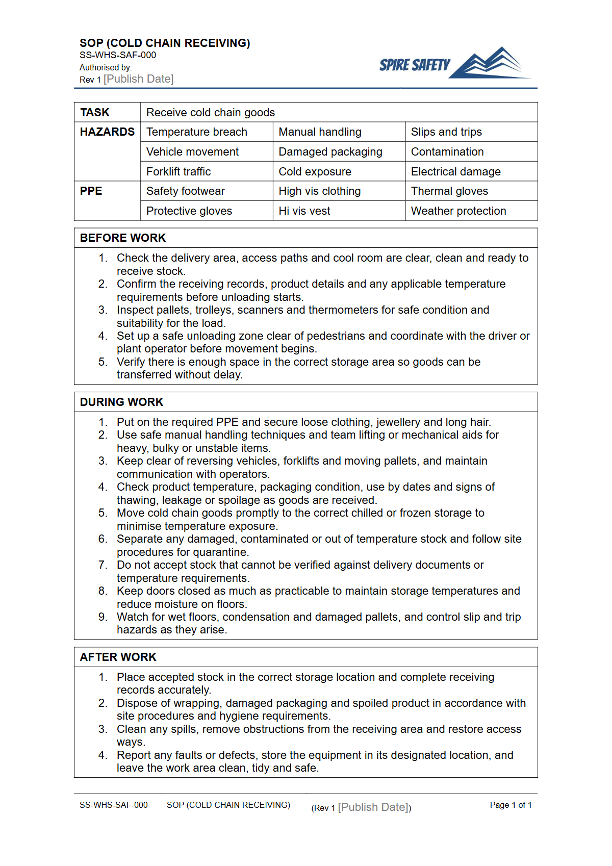 Free Safe Operating Procedure (Cold Chain Receiving) Template — document preview