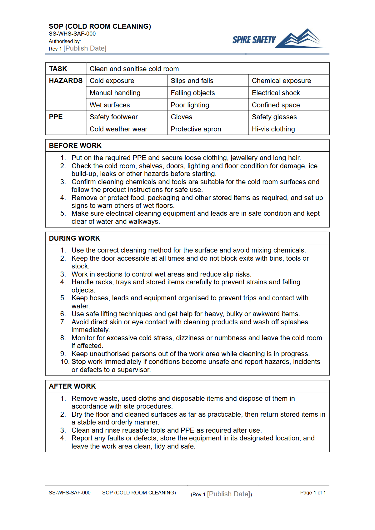 Free Safe Operating Procedure (Cold Room Cleaning) Template — document preview