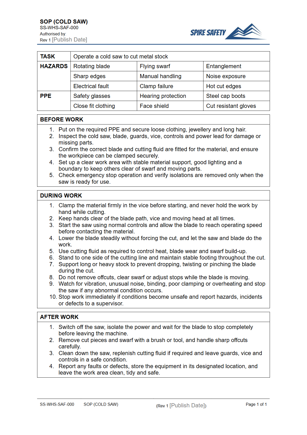 Free Safe Operating Procedure (Cold Saw) Template — document preview