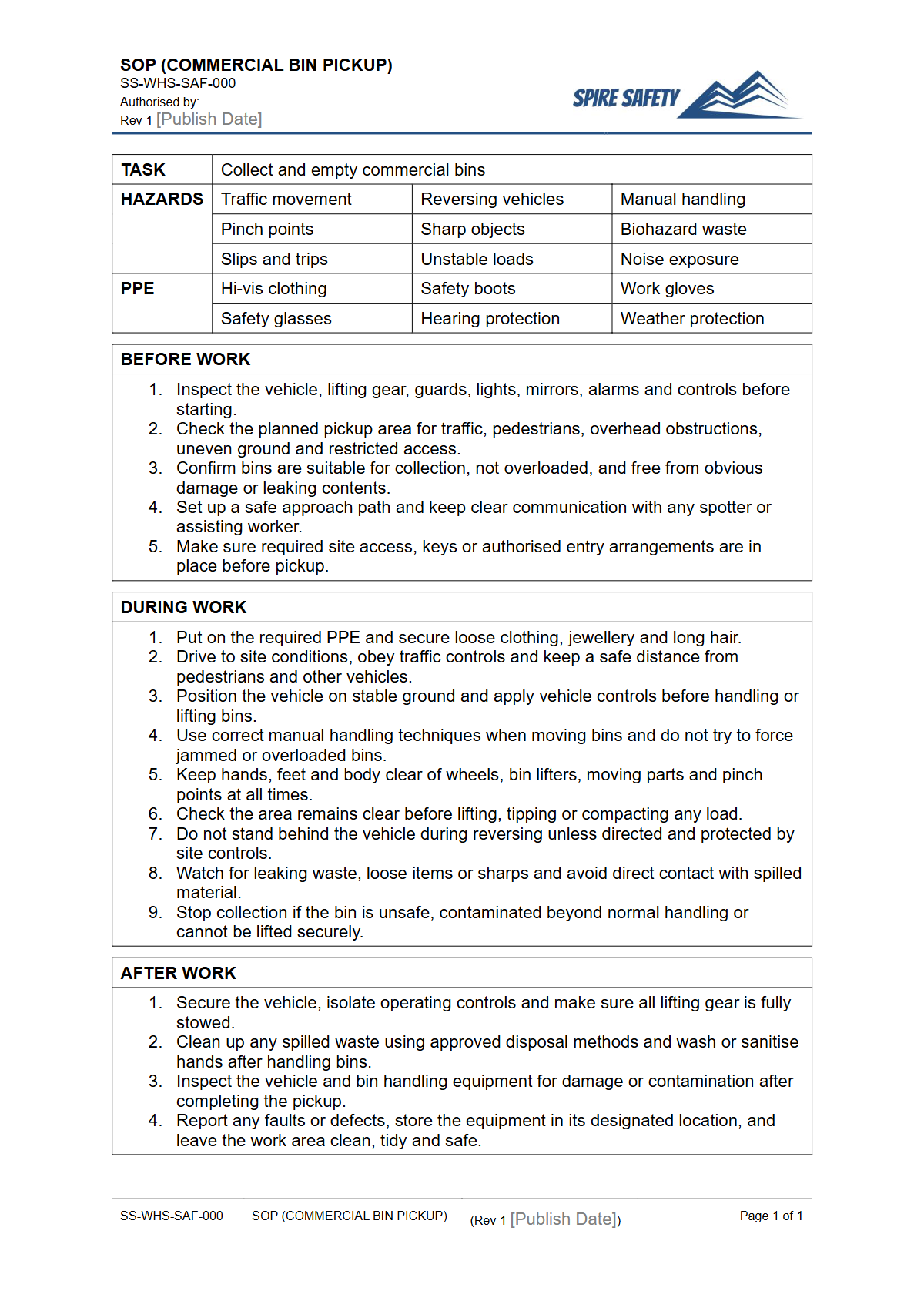 Free Safe Operating Procedure (Commercial Bin Pickup) Template — document preview