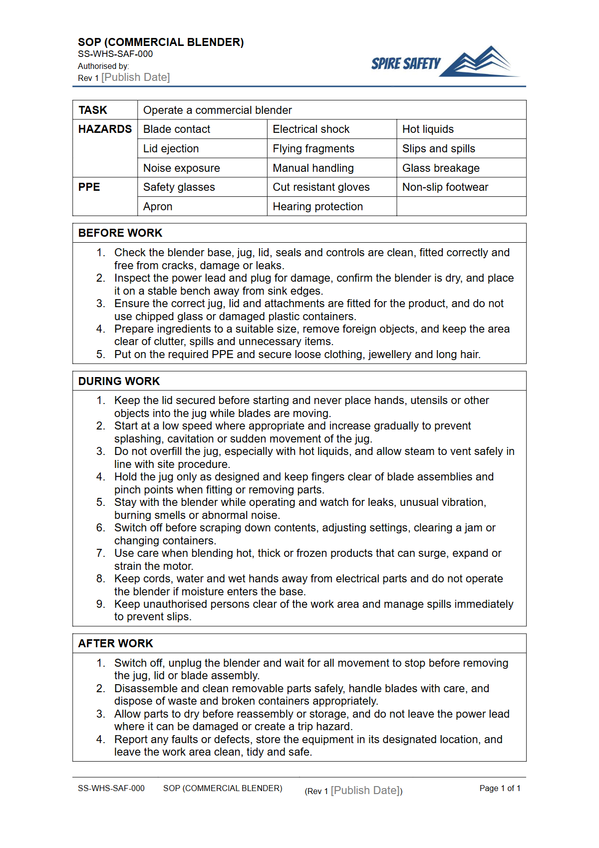 Free Safe Operating Procedure (Commercial Blender) Template — document preview