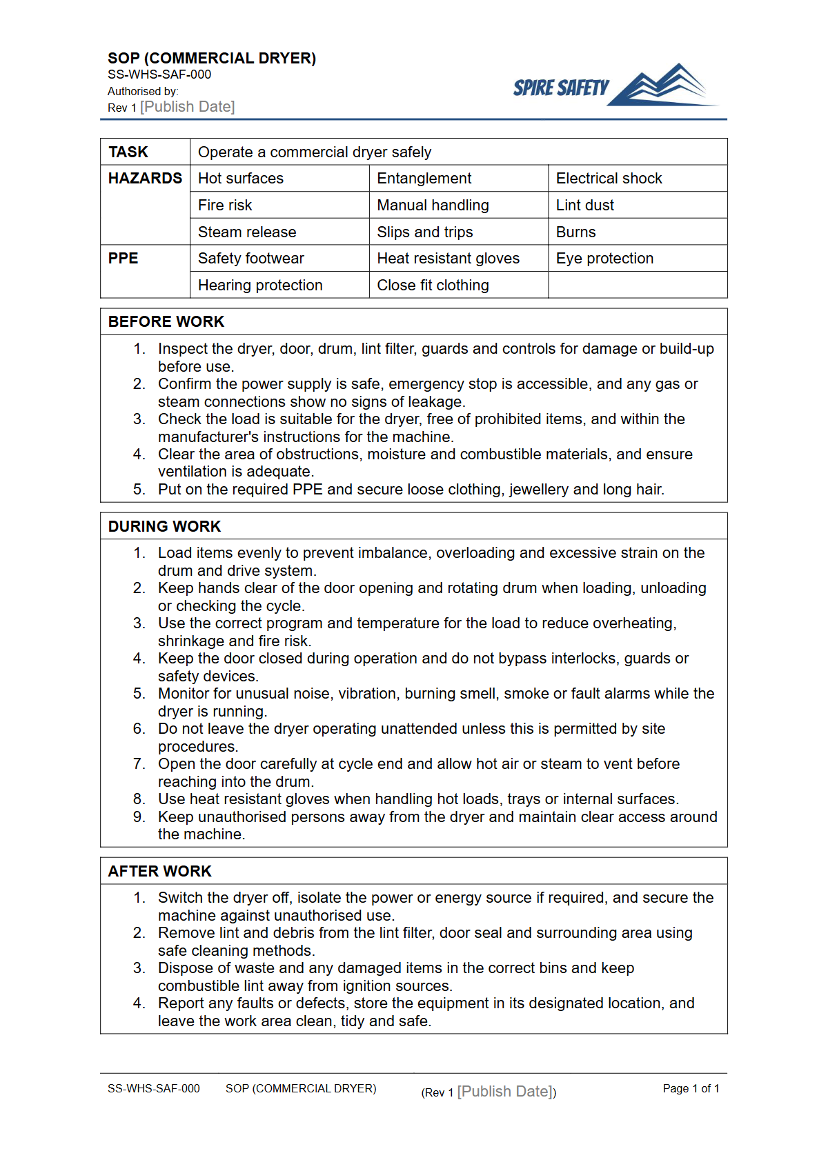 Free Safe Operating Procedure (Commercial Dryer) Template — document preview
