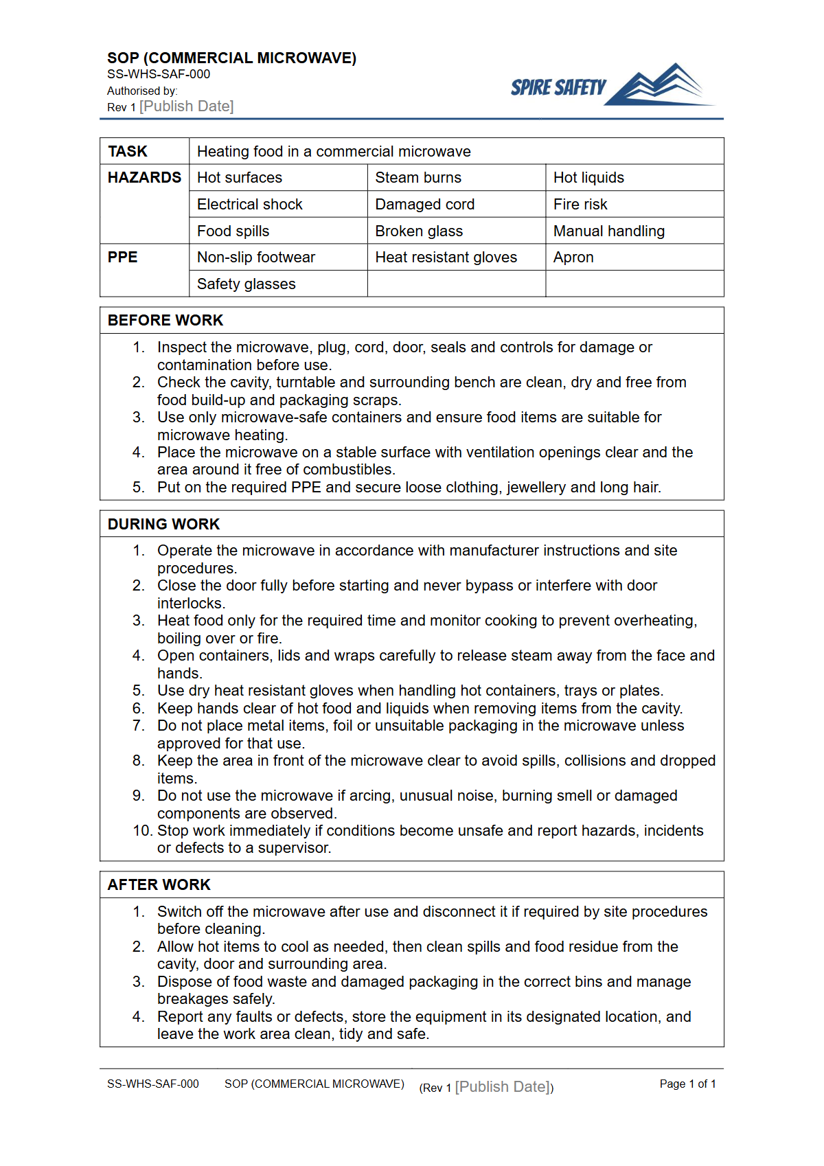 Free Safe Operating Procedure (Commercial Microwave) Template — document preview