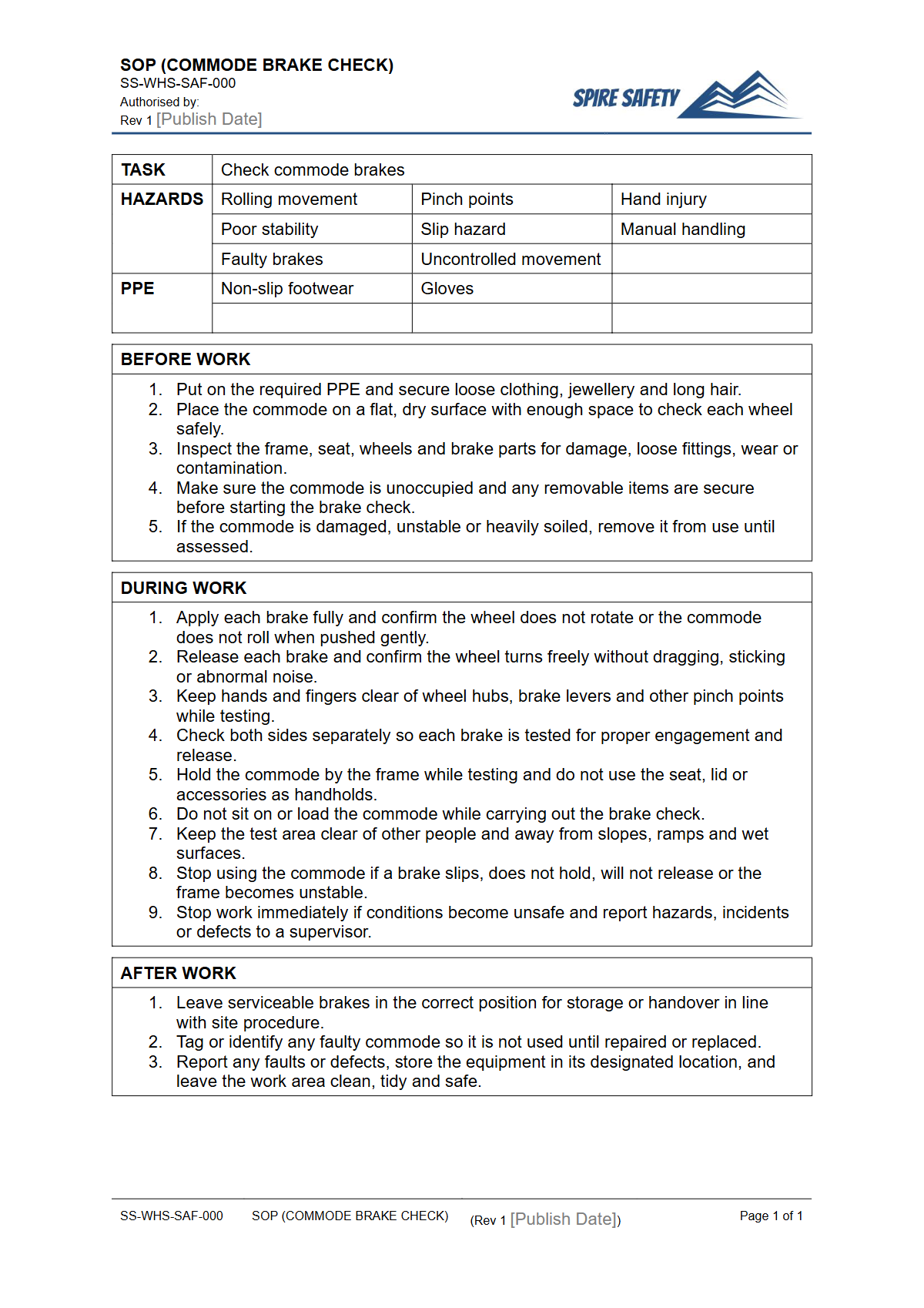 Free Safe Operating Procedure (Commode Brake Check) Template — document preview