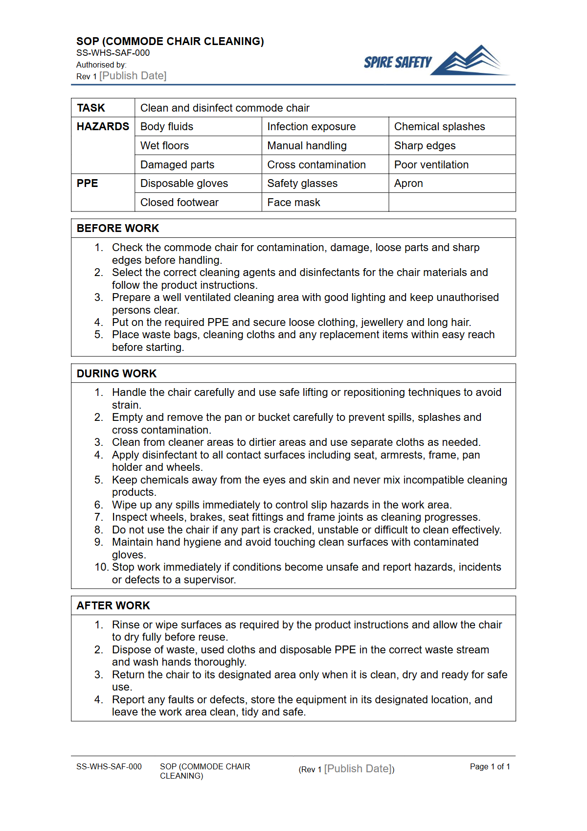 Free Safe Operating Procedure (Commode Chair Cleaning) Template — document preview