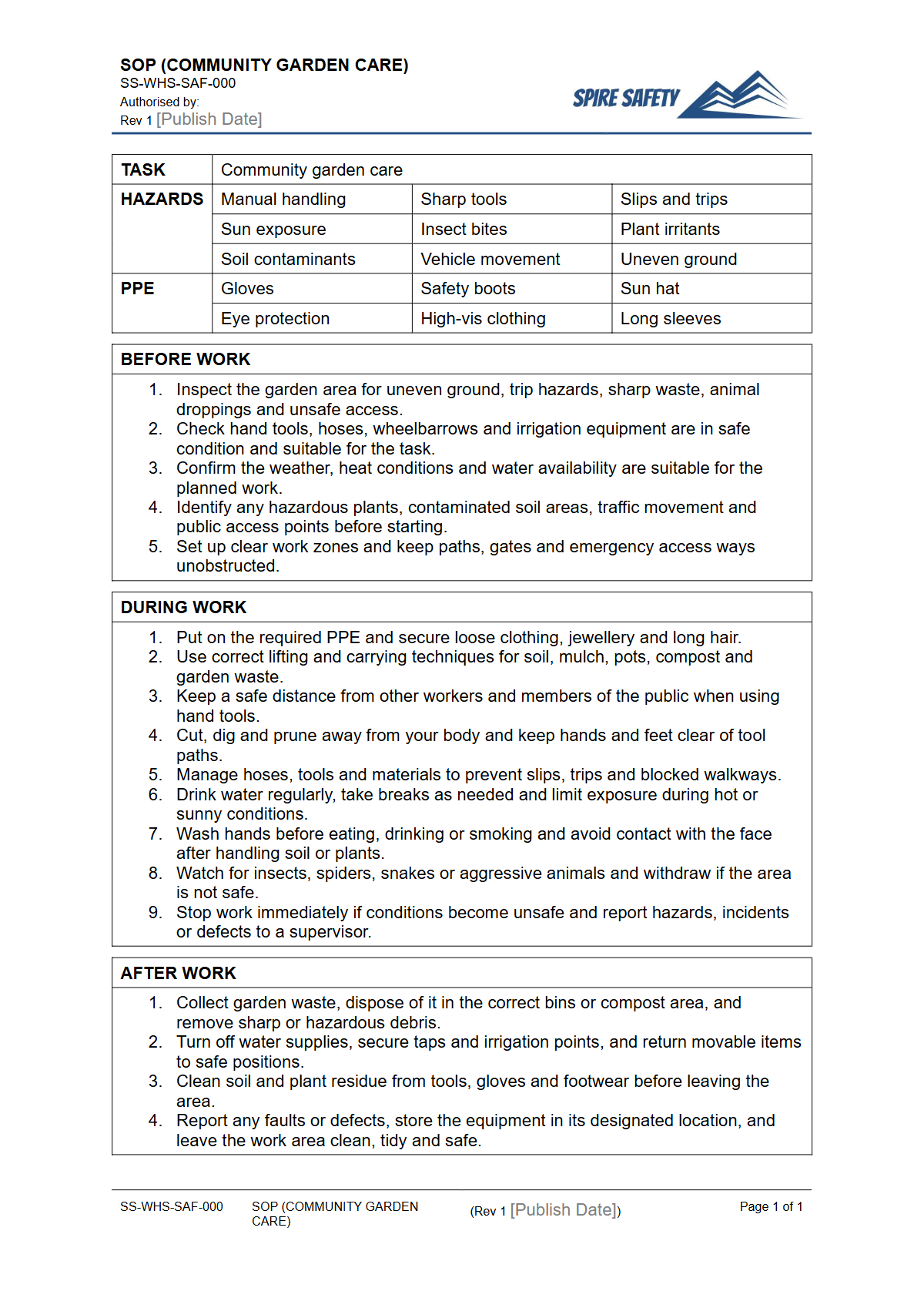 Free Safe Operating Procedure (Community Garden Care) Template — document preview